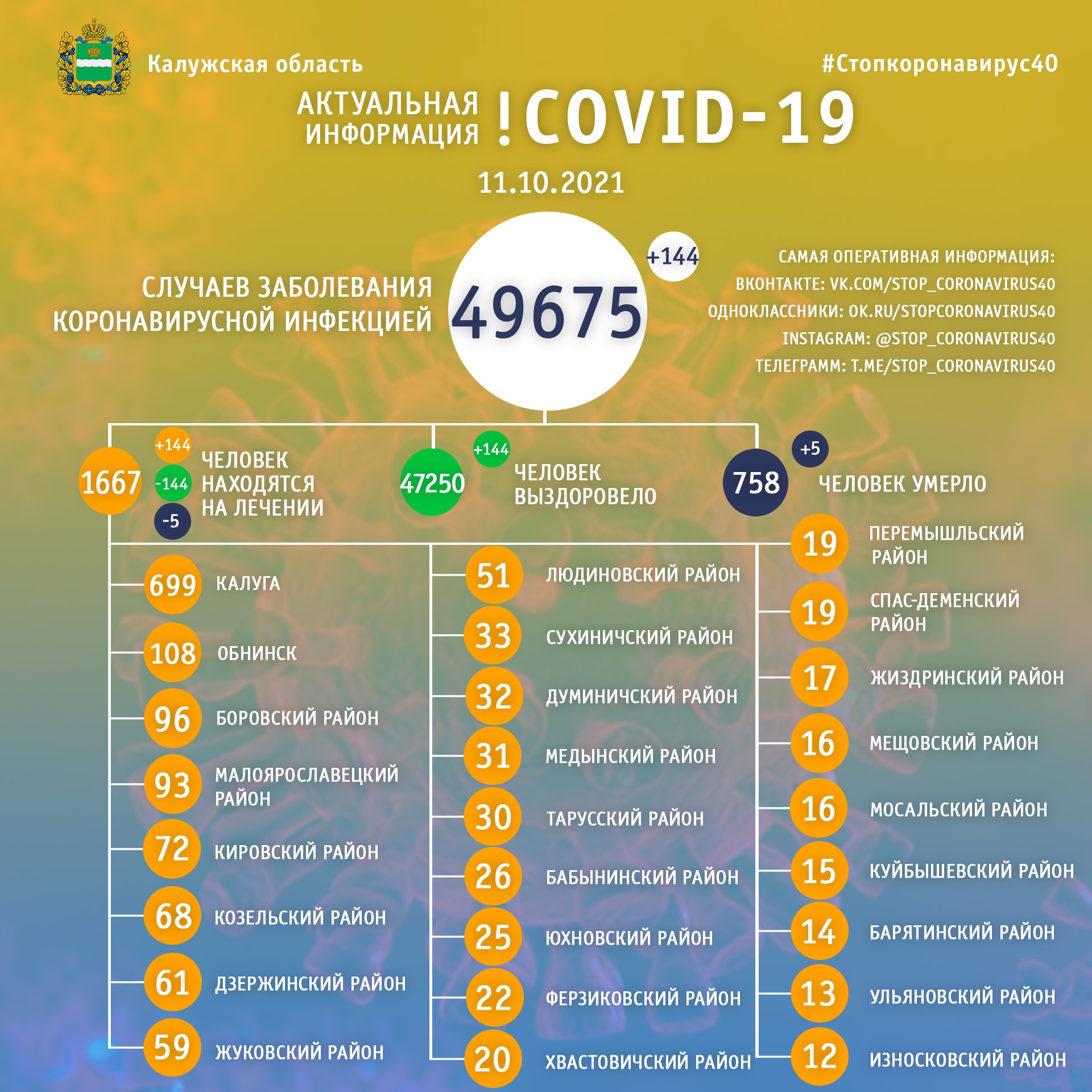 Официальная статистика по коронавирусу в Калужской области на 11 октября 2021 года.