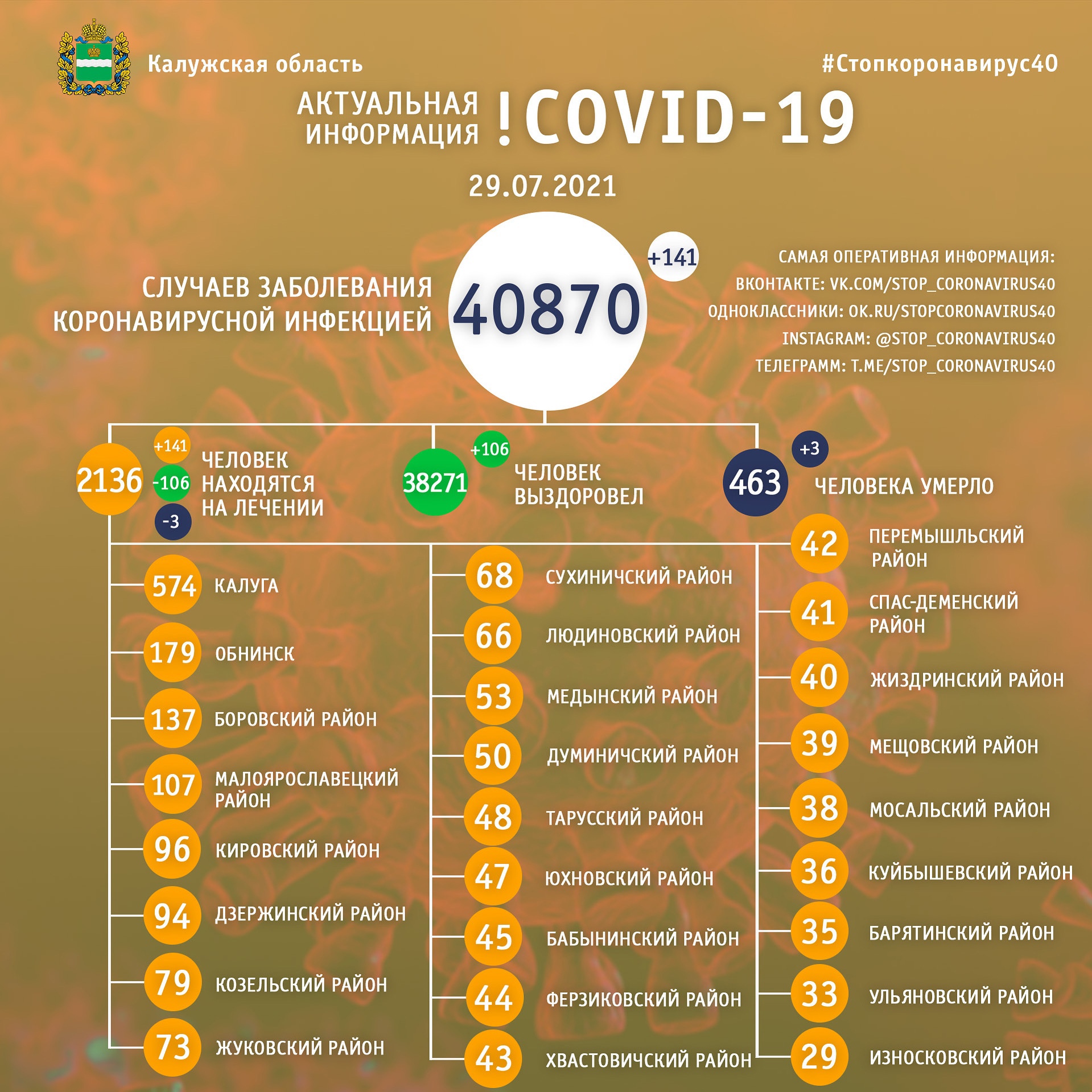 Официальная статистика по коронавирусу в Калужской области на 29 июля 2021 года.