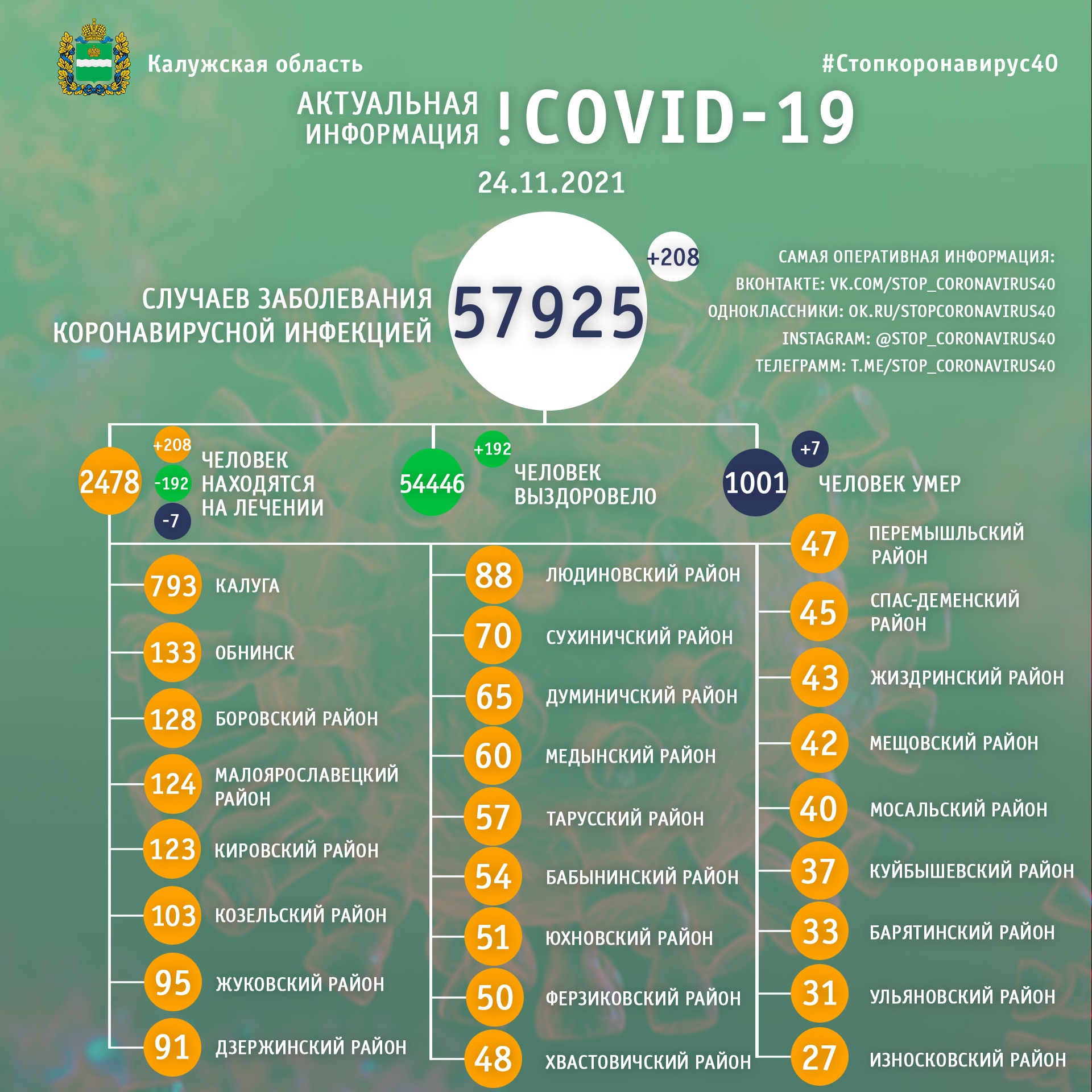 Официальная статистика по коронавирусу в Калужской области на 24 ноября 2021 года.