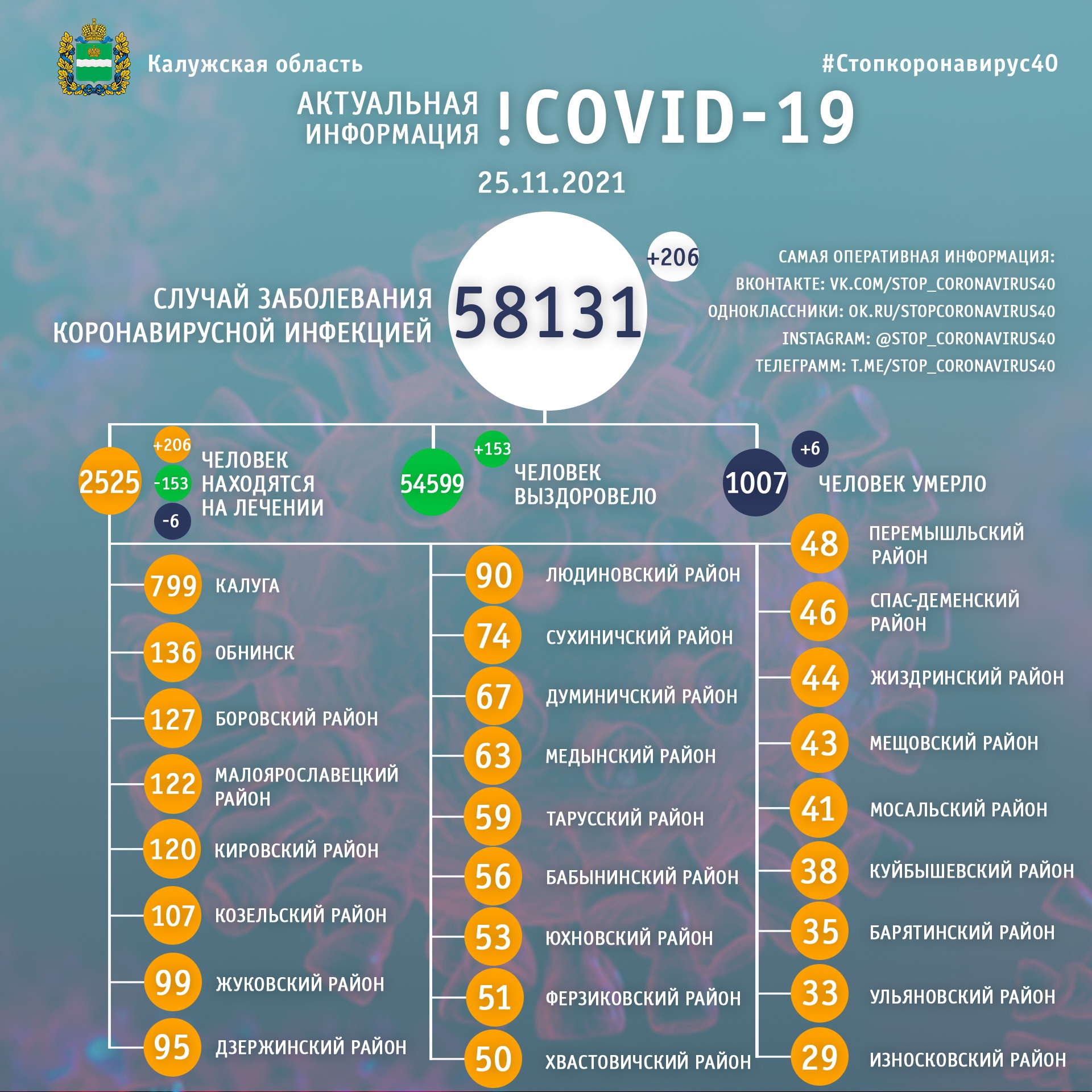 Официальная статистика по коронавирусу в Калужской области на 25 ноября 2021 года.