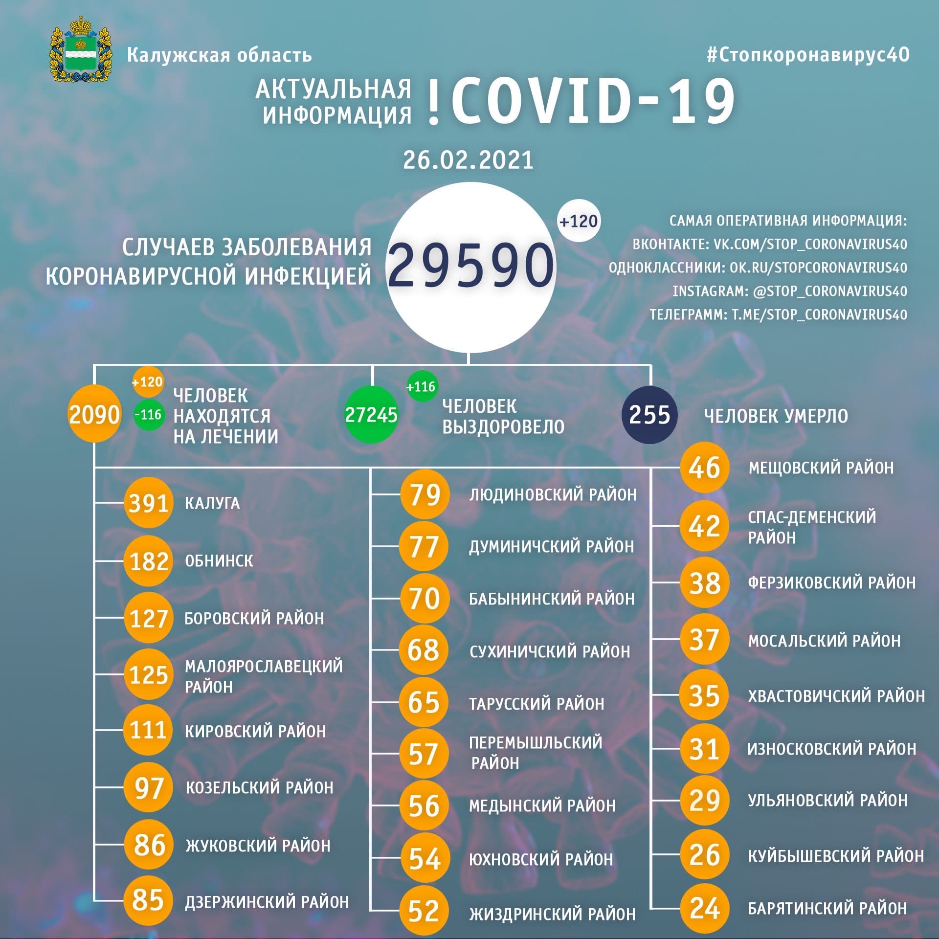 Официальная статистика по коронавирусу в Калужской области 26 февраля 2021 года.