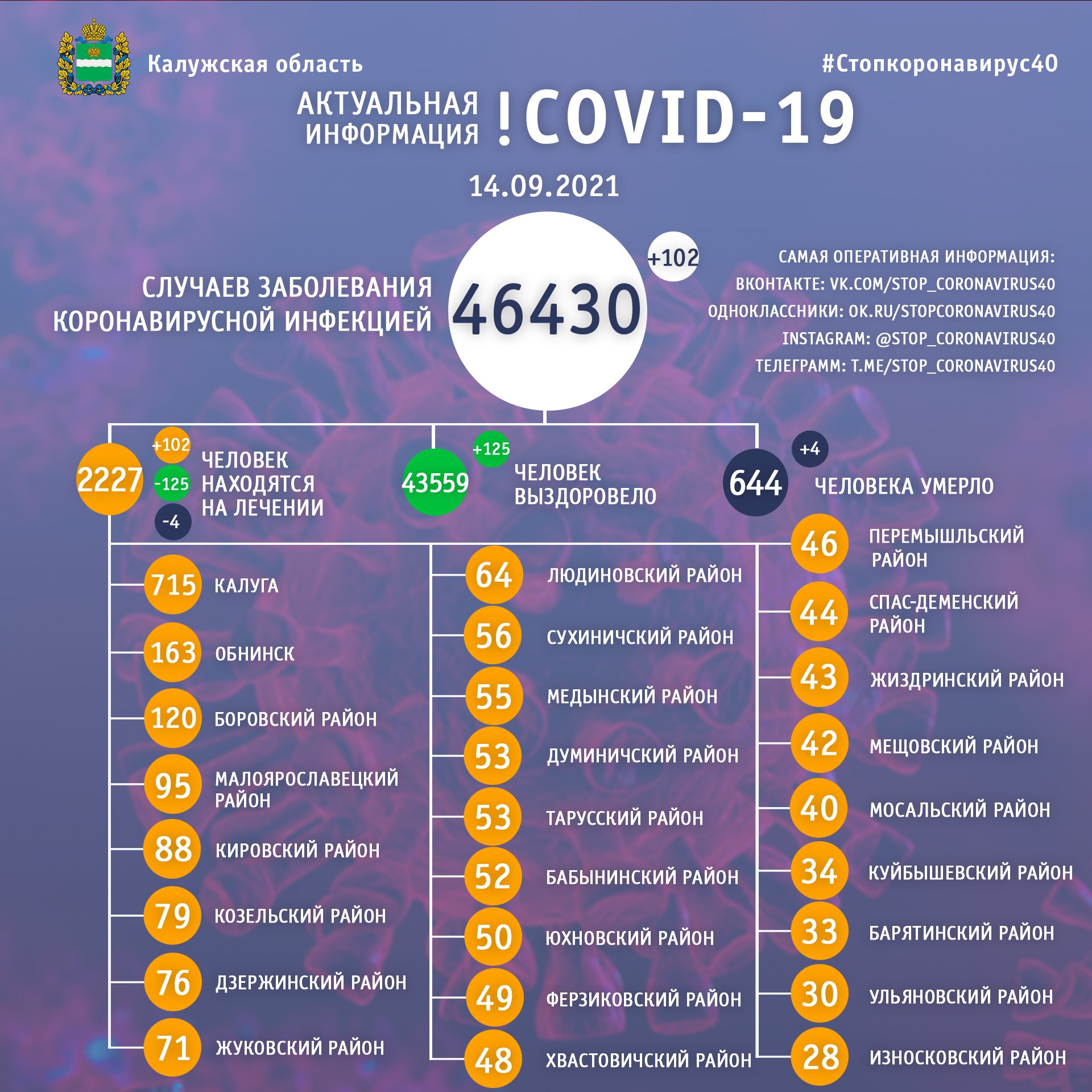 Официальная статистика по коронавирусу в Калужской области на 14 сентября 2021 года.