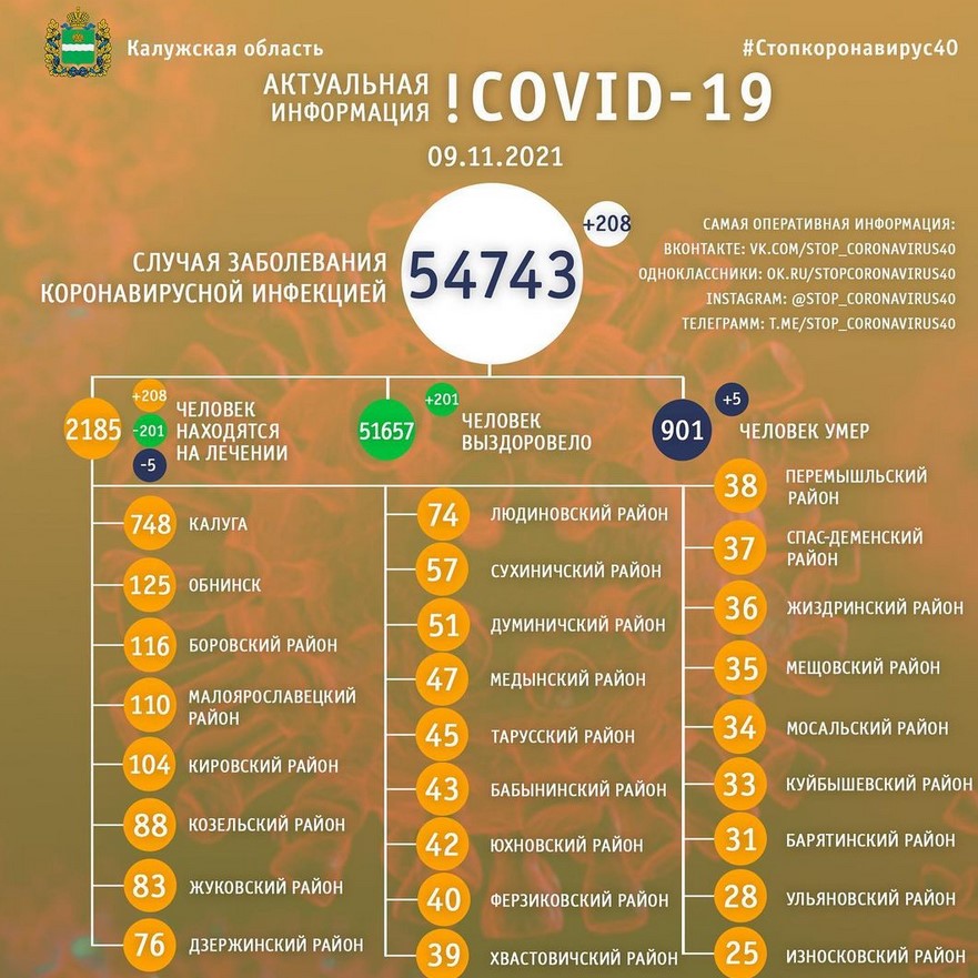 Официальная статистика по коронавирусу в Калужской области на 9 ноября 2021 года.