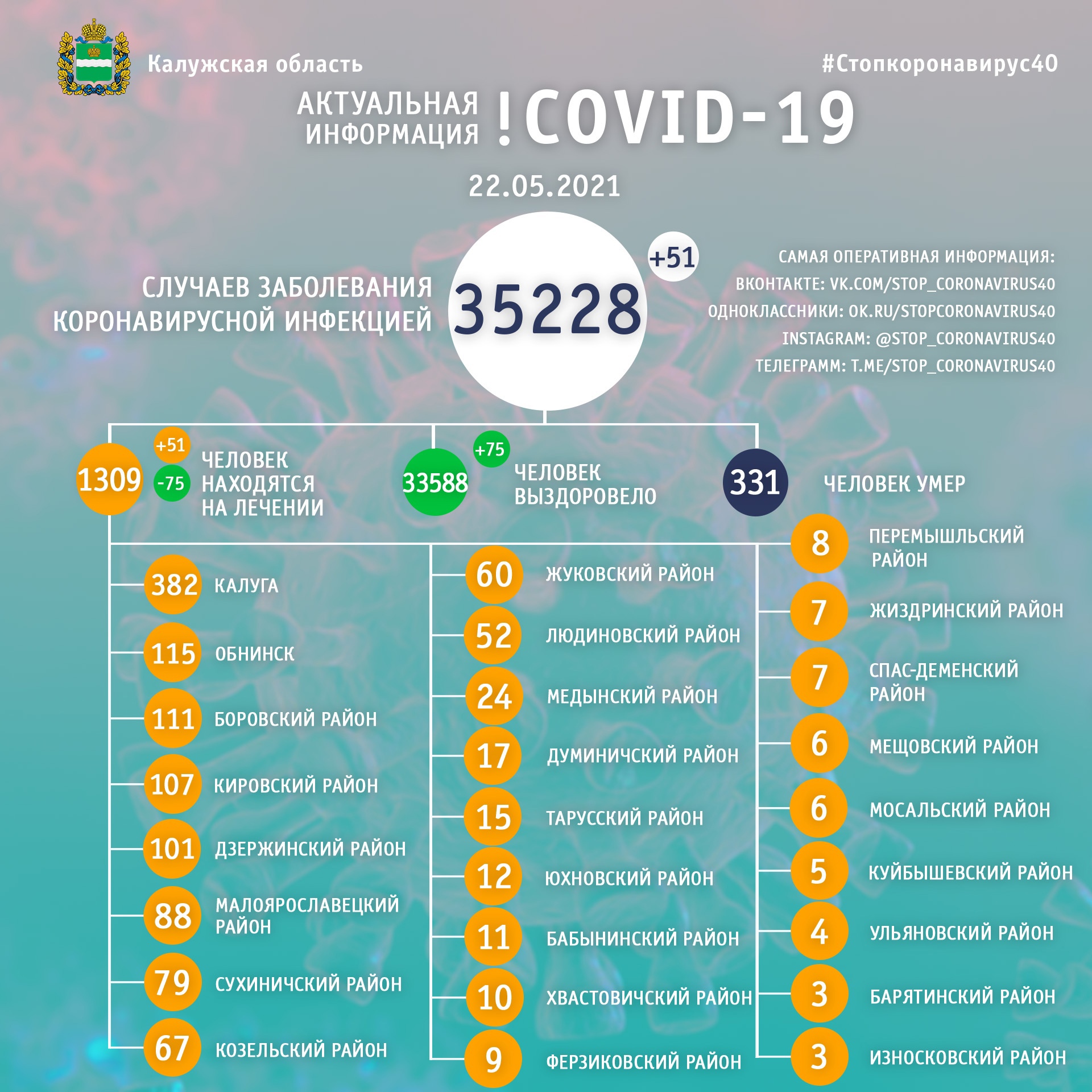 Официальная статистика по коронавирусу в Калужской области на 22 мая 2021 года.