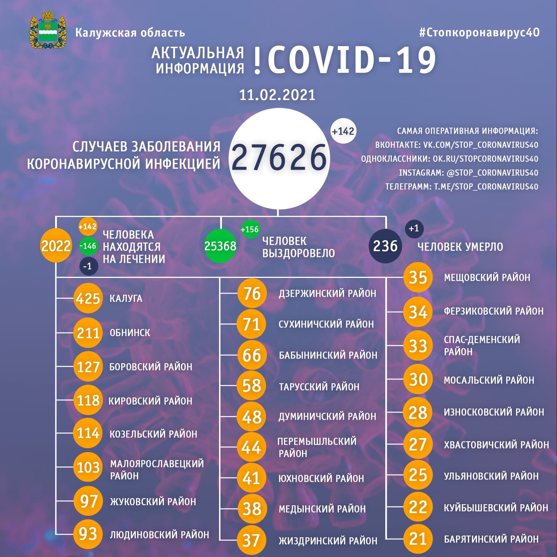 Официальные данные по коронавирусу в Калужской области на 11 февраля 2021 года.