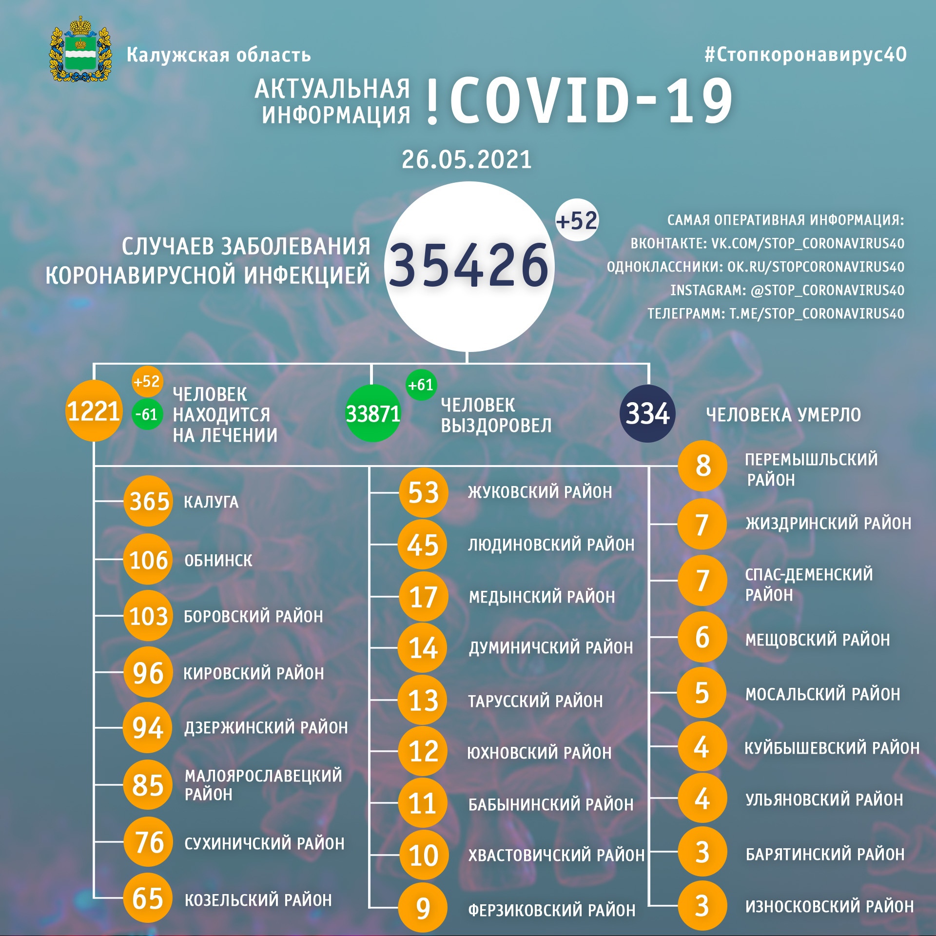 Официальная статистика по коронавирусу в Калужской области на 26 мая 2021 года.