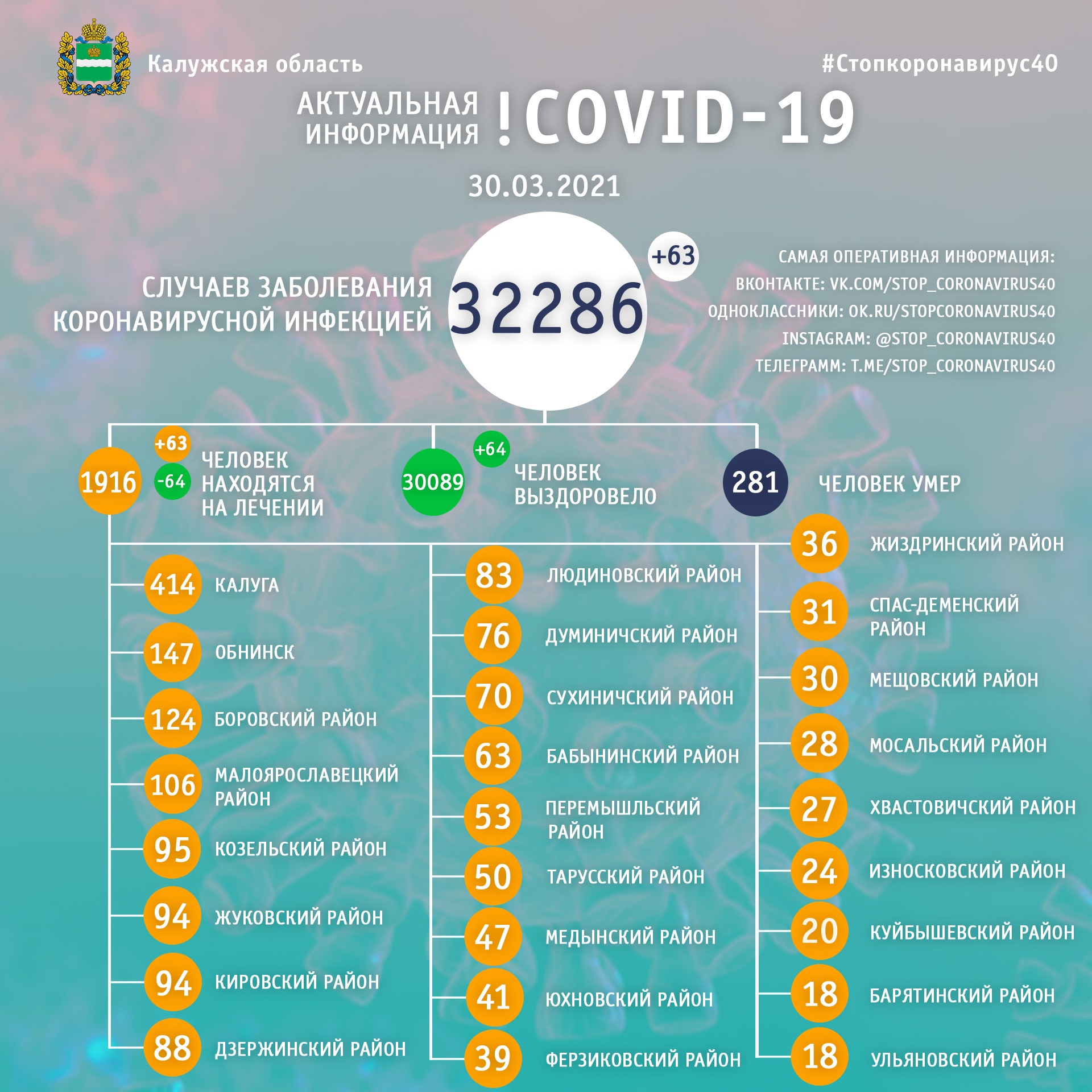 Официальная статистика по коронавирусу в Калужской области на 30 марта 2021 года.