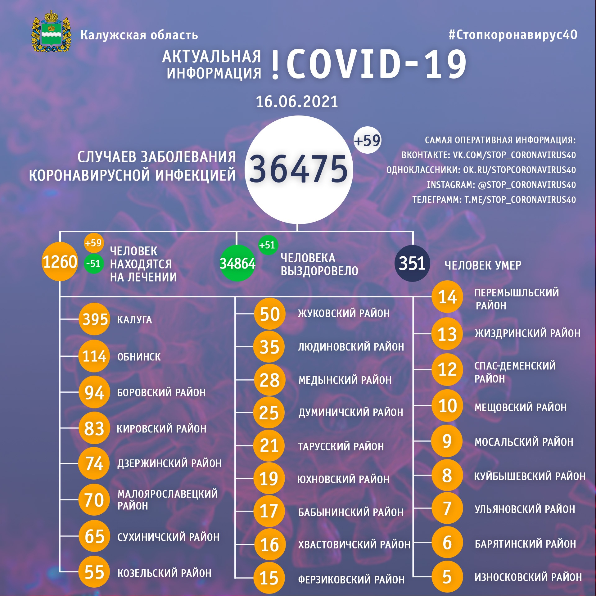 Официальная статистика по коронавирусу в Калужской области на 16 июня 2021 года.