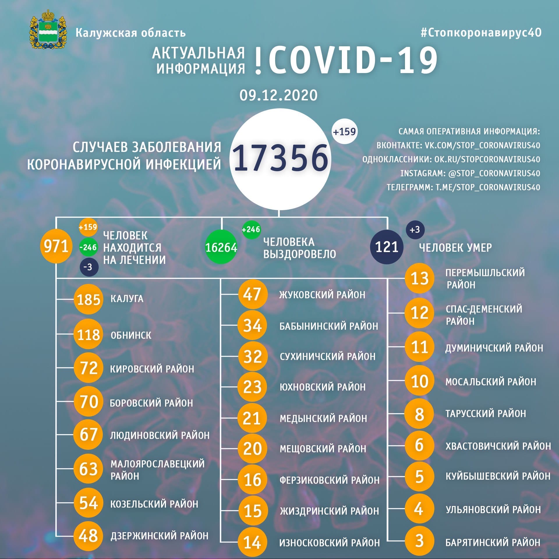 Официальная статистика по коронавирусу в Калужской области на 9 декабря 2020 года.