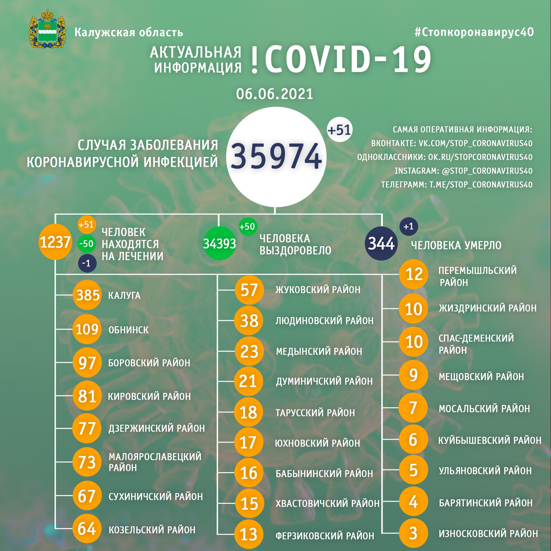 Официальная статистика по коронавирусу в Калужской области на 6 июня 2021 года.