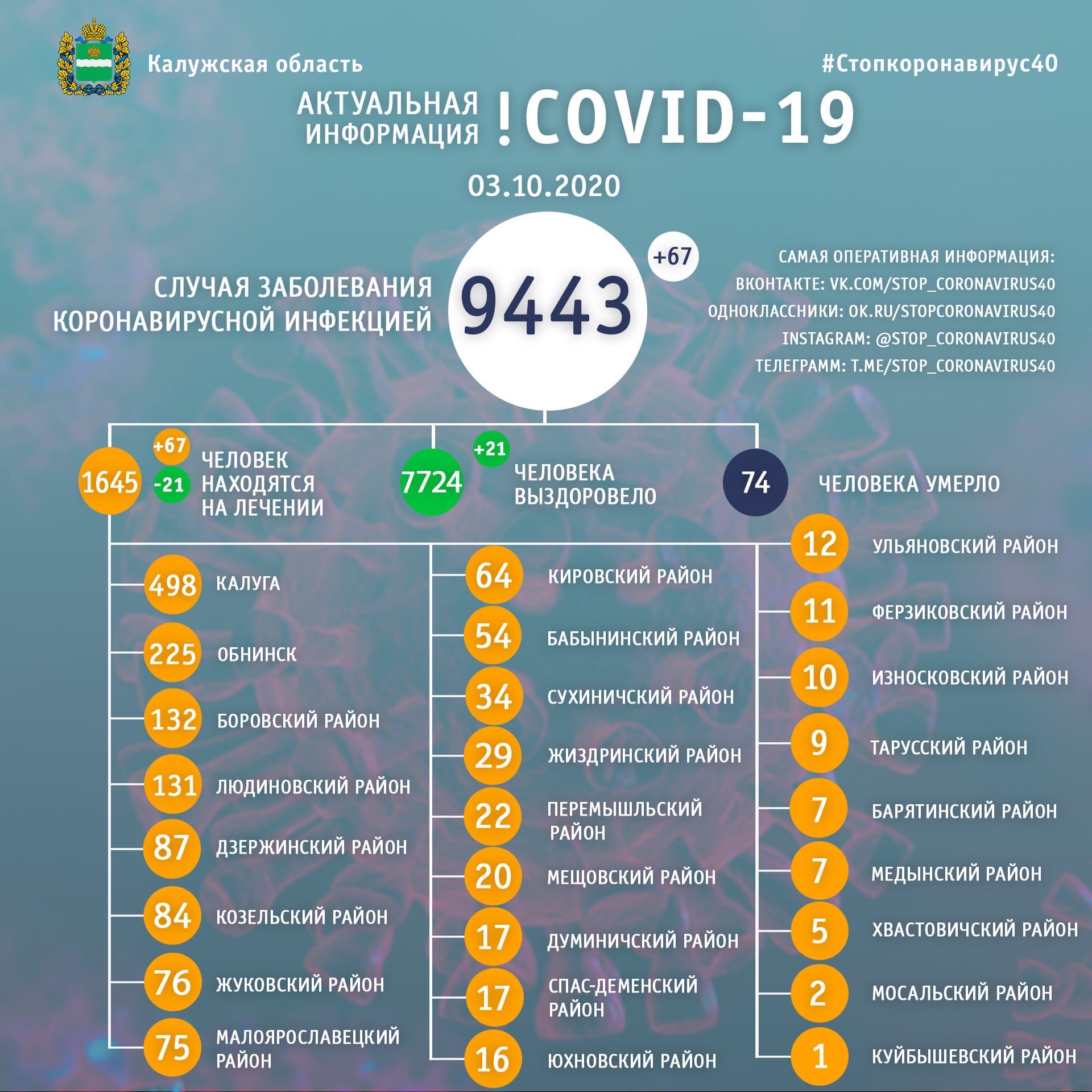 Официальная статистика по коронавирусу в Калужской области на 3 октября 2020 года.