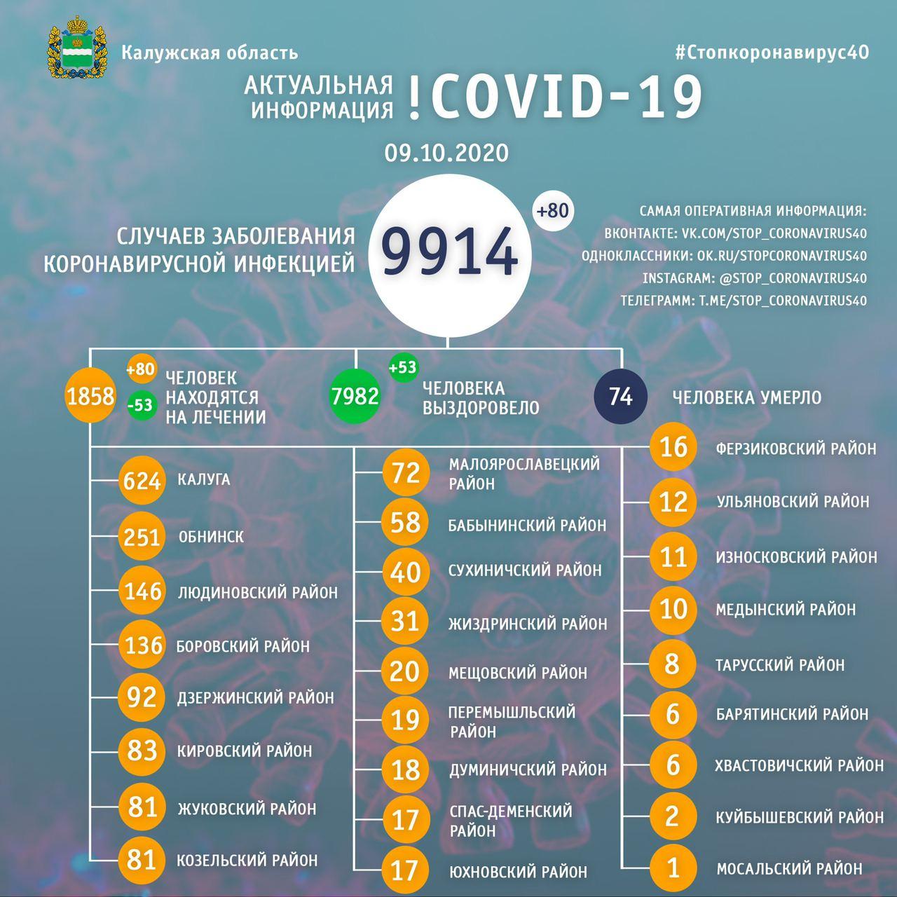 Официальная статистика по коронавирусу в Калужской области на 9 октября 2020 года.