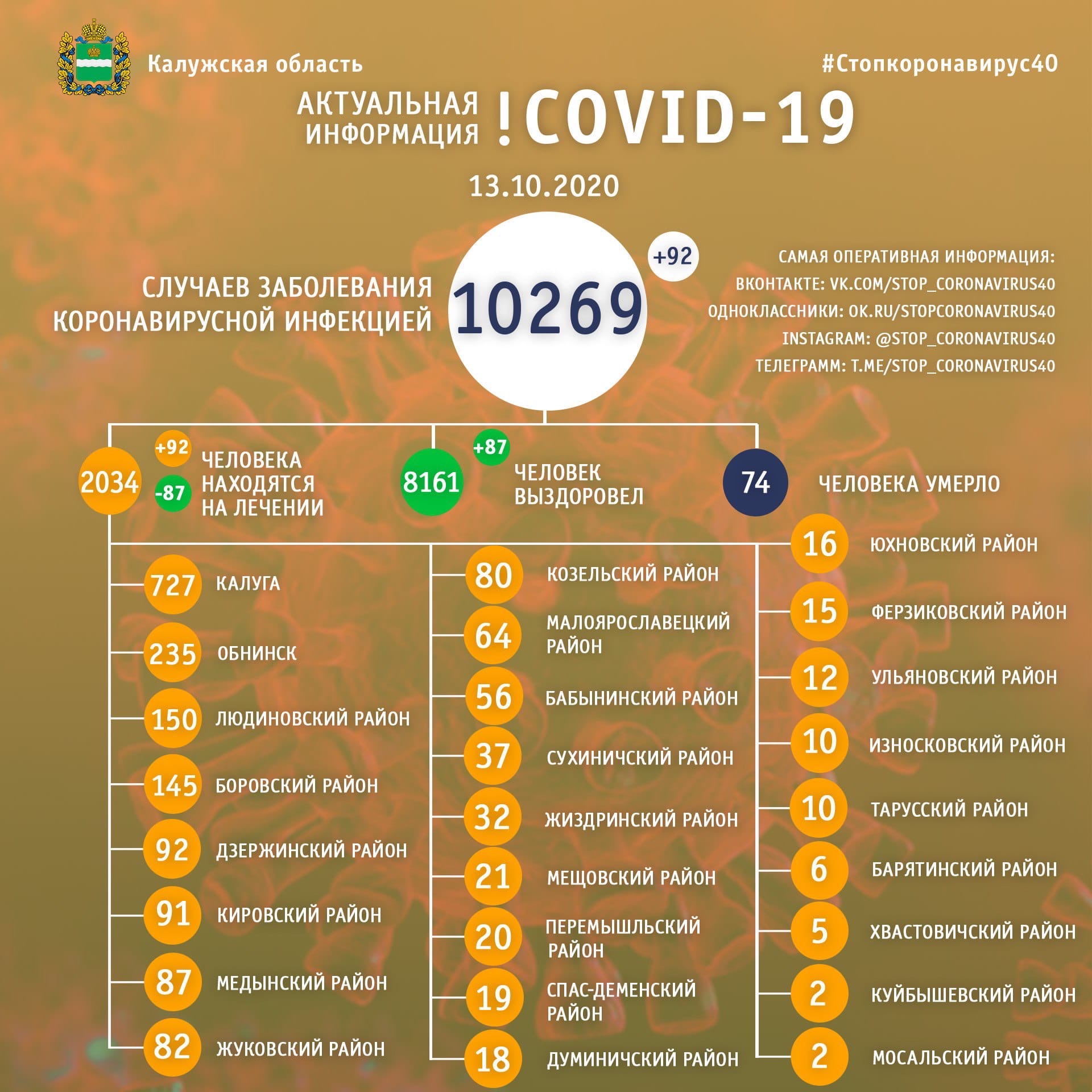 Официальная статистика по коронавирусу в Калужской области на 13 октября 2020 года.