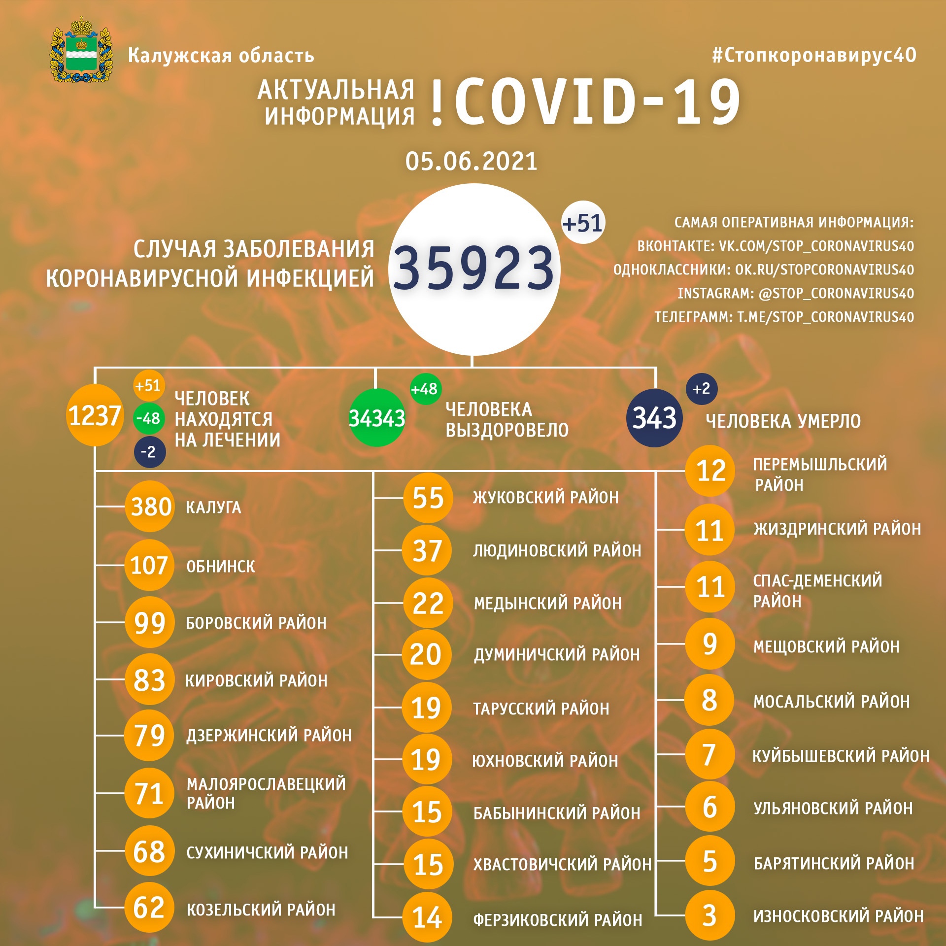 Официальная статистика по коронавирусу в Калужской области на 5 июня 2021 года.