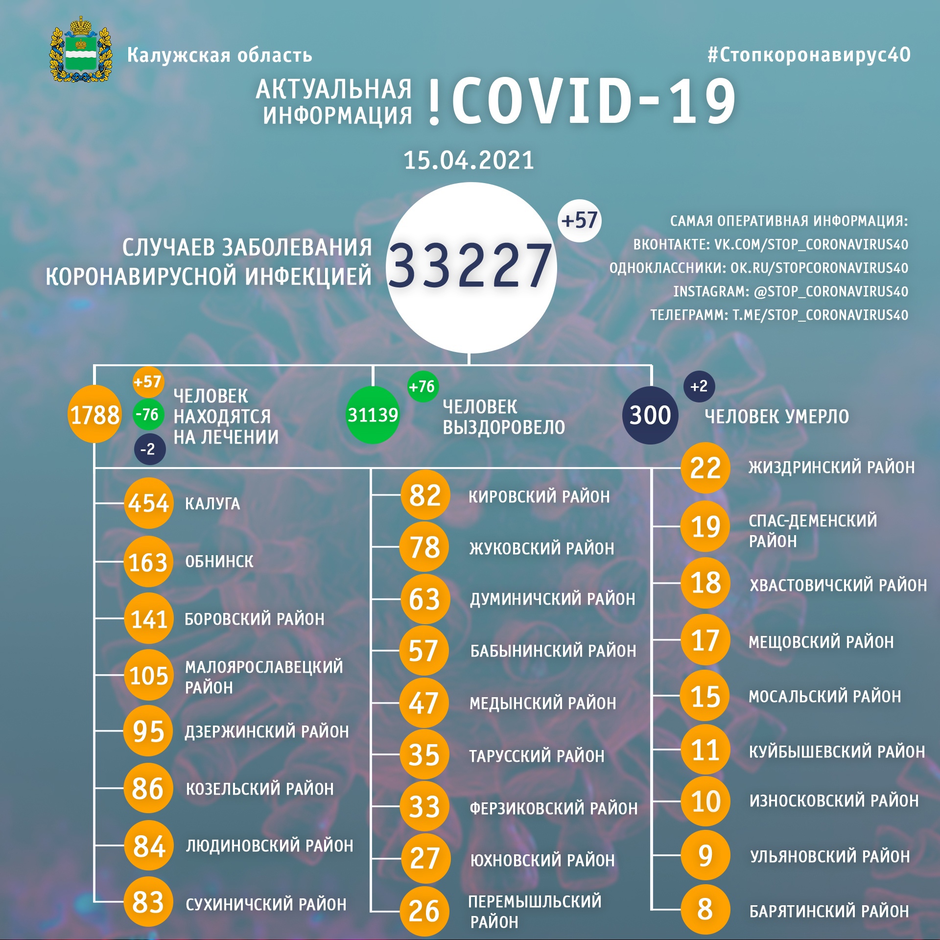 Официальная статистика по коронавирусу в Калужской области на 15 апреля 2021 года.