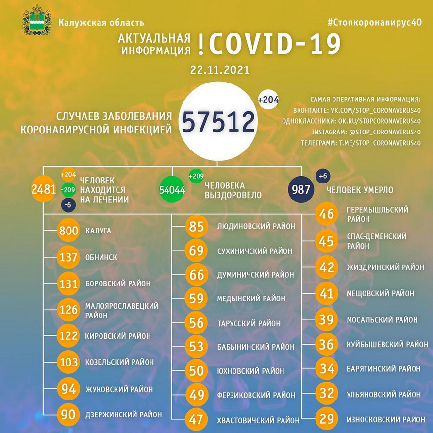 Официальная статистика по коронавирусу в Калужской области на 22 ноября 2021 года.