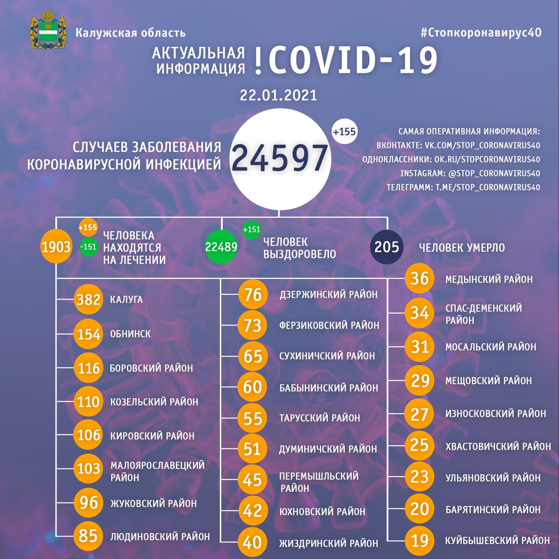 Официальная статистика по коронавирусу в Калужской области на 22 января 2021 года.