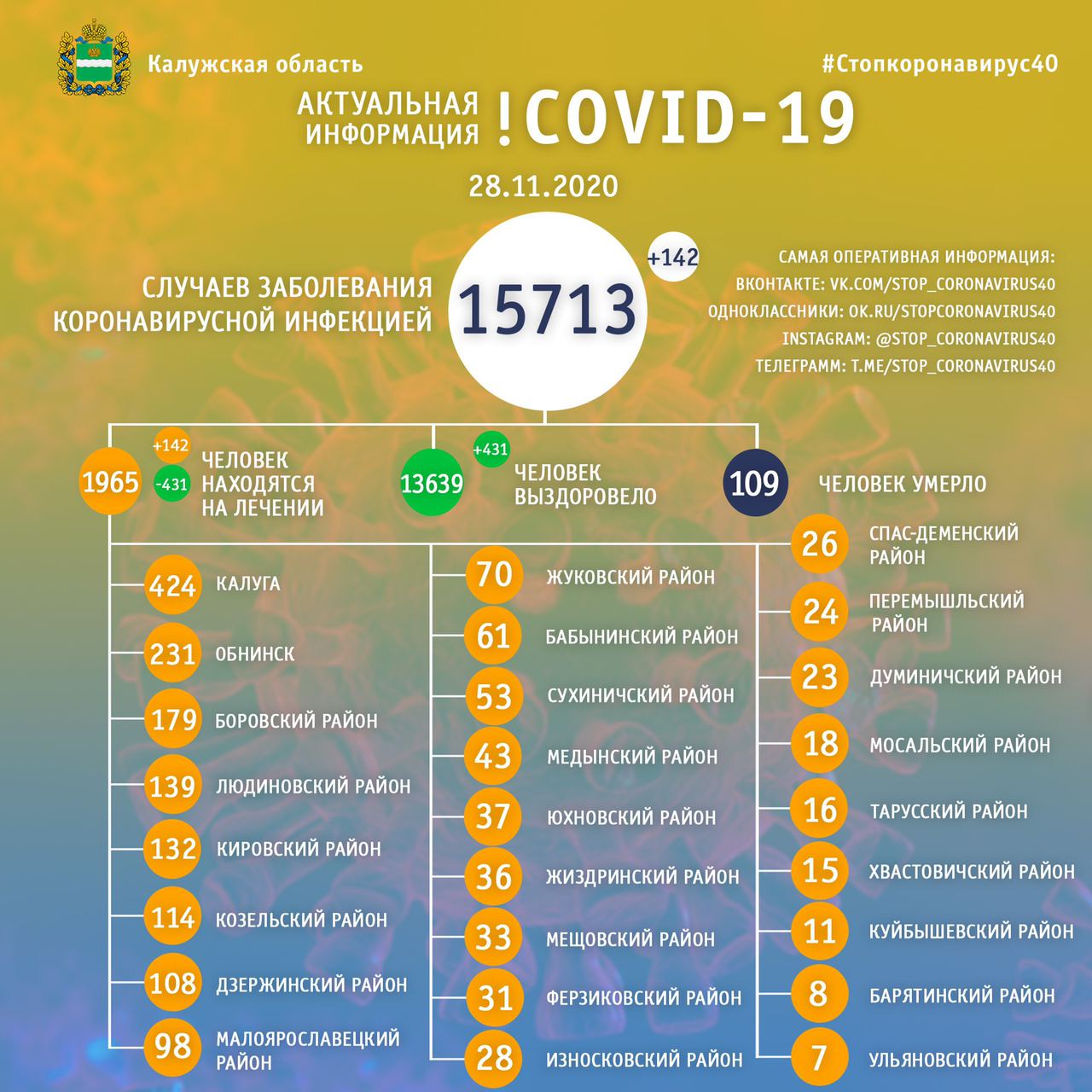 Официальная статистика по коронавирусу в Калужской области на 28 ноября 2020 года.