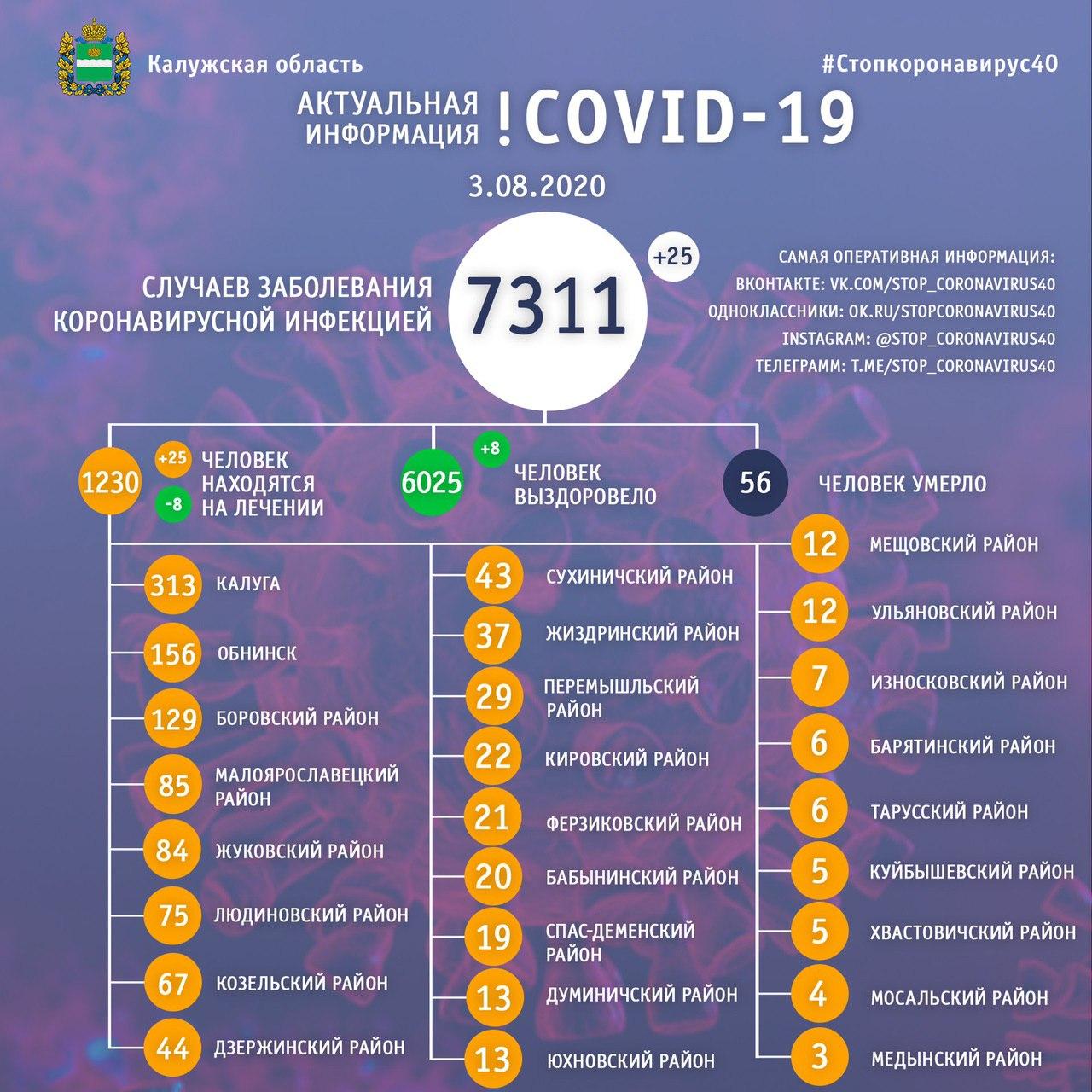 Коронавирус в Калужской области 3 августа 2020 года