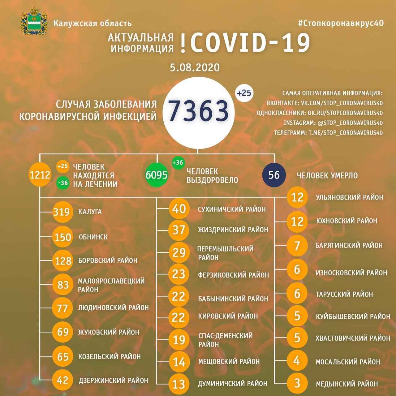 Коронавирус в Калужской области официальные данные 5 августа 2020 года