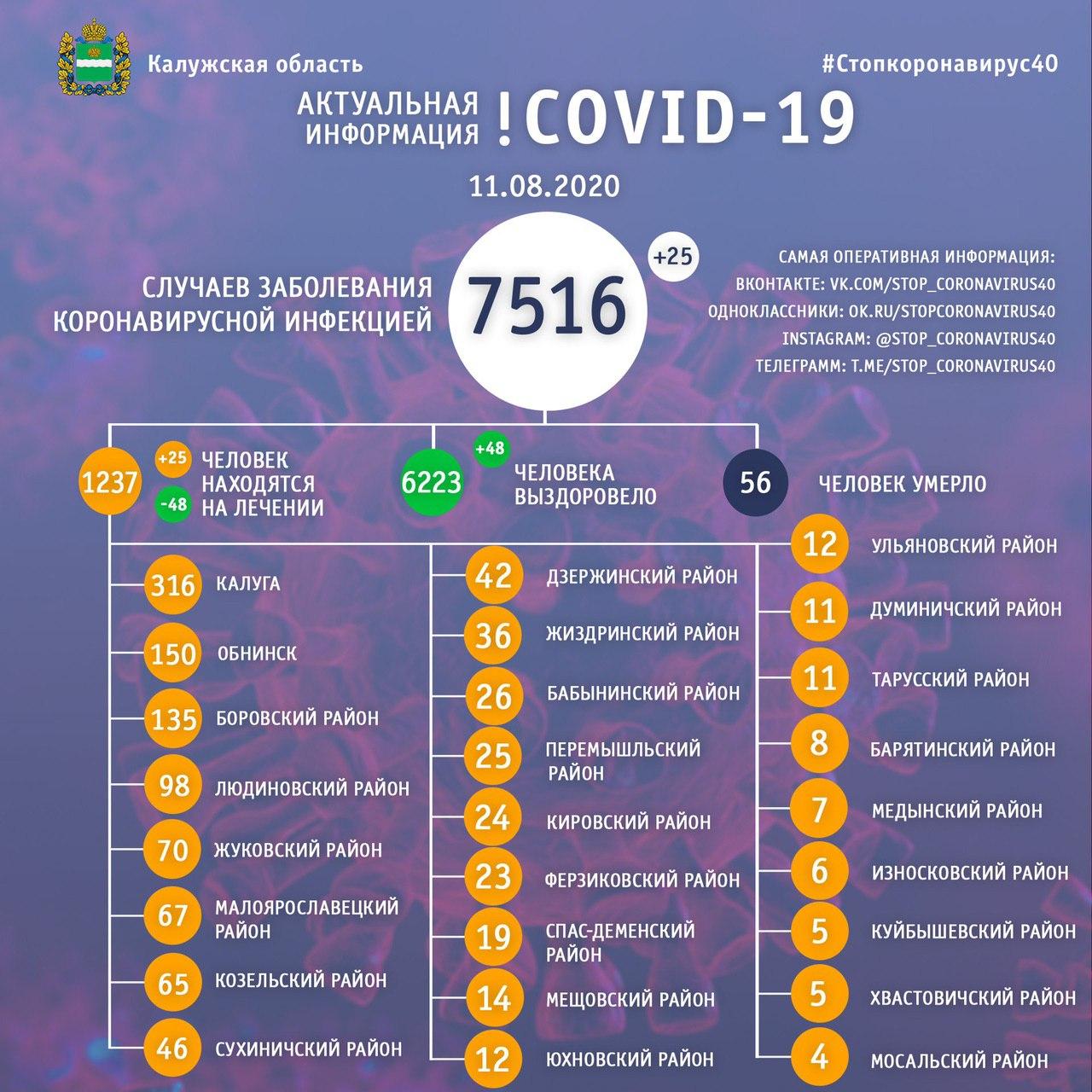Коронавирус в Калужской области официальные данные на 11 августа 2020 года