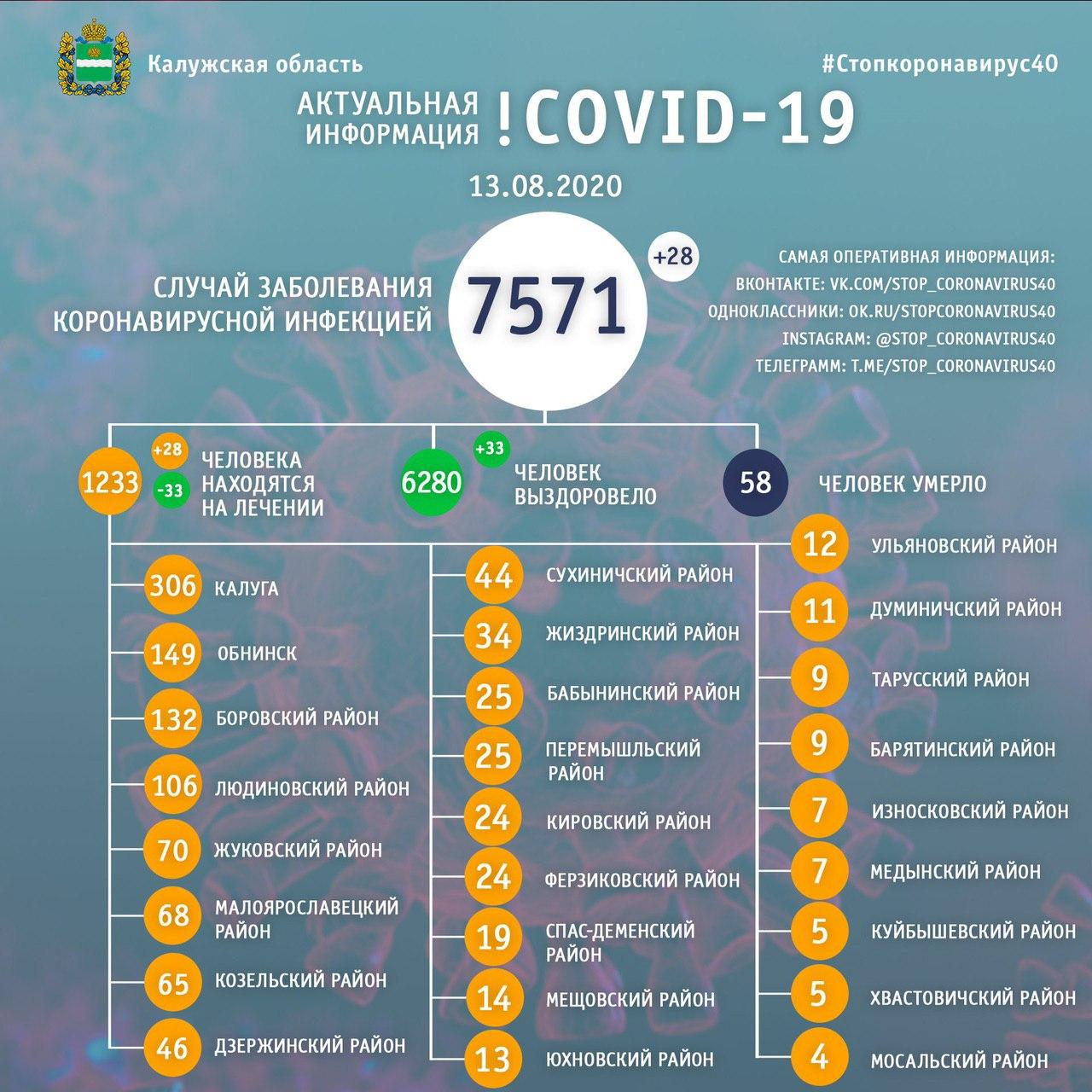 Коронавирус в Калужской области официальные данные на 13 августа 2020 года