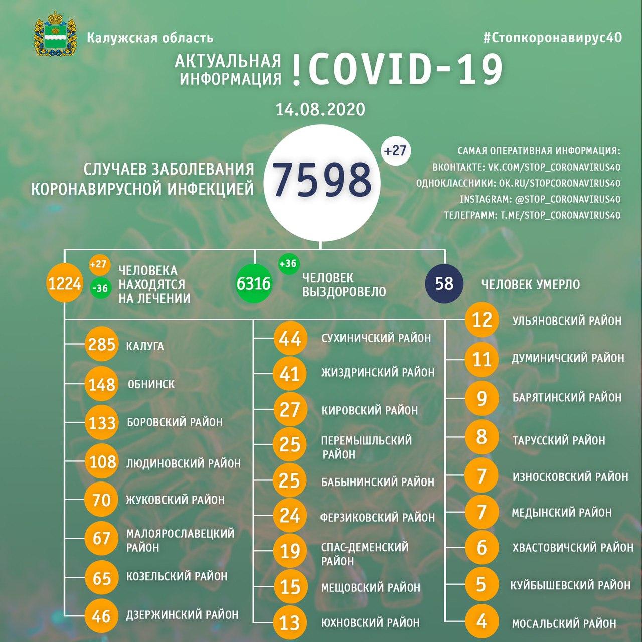 Коронавирус в Калужской области официальные данные на 14 августа 2020 года