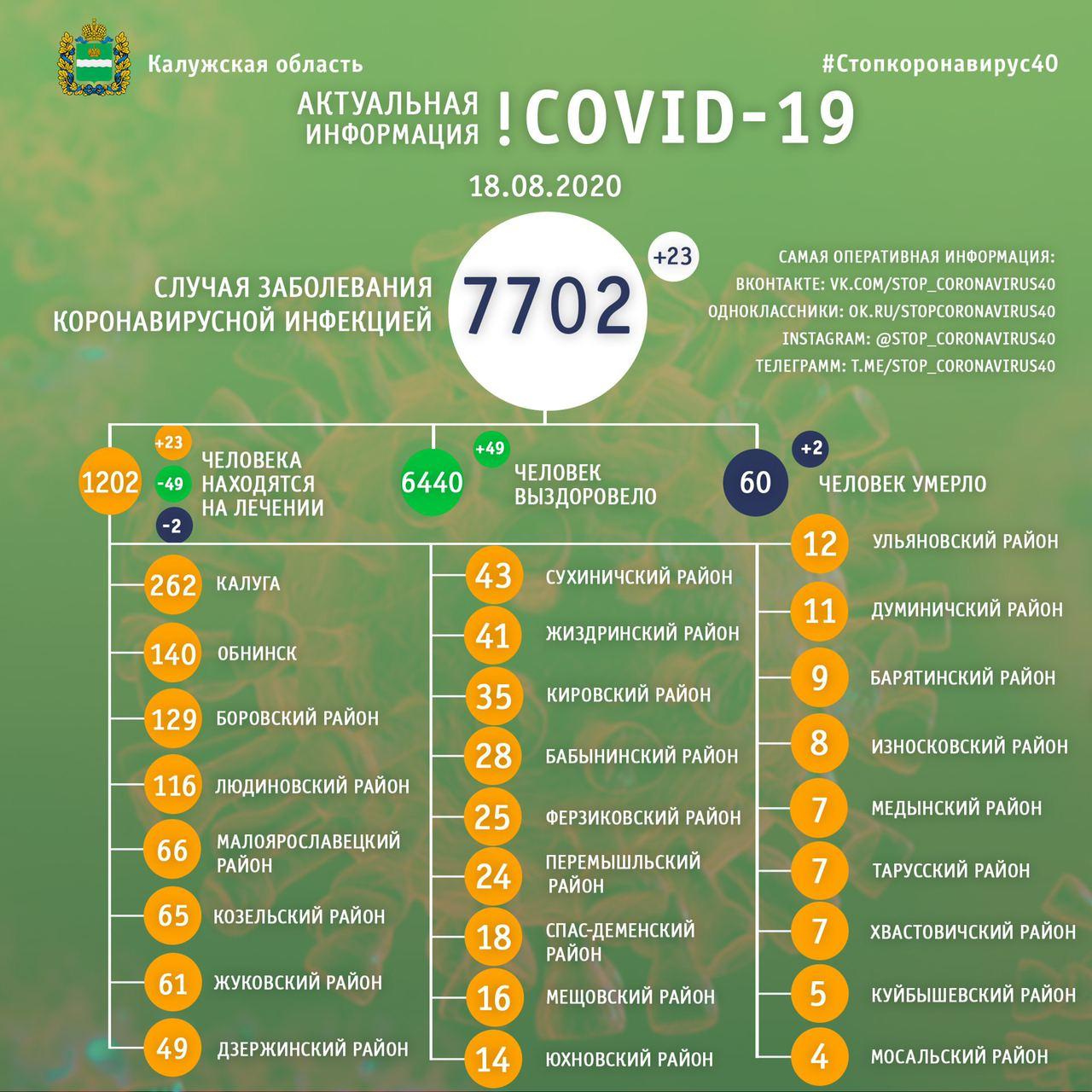 Коронавирус в Калужской области официальные данные на 18 августа 2020 года