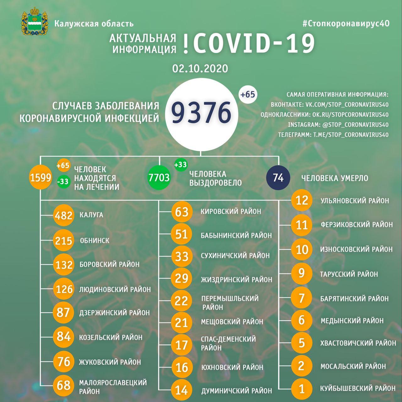 Официальная статистика по коронавирусу в Калужской области на 2 октября 2020 года.