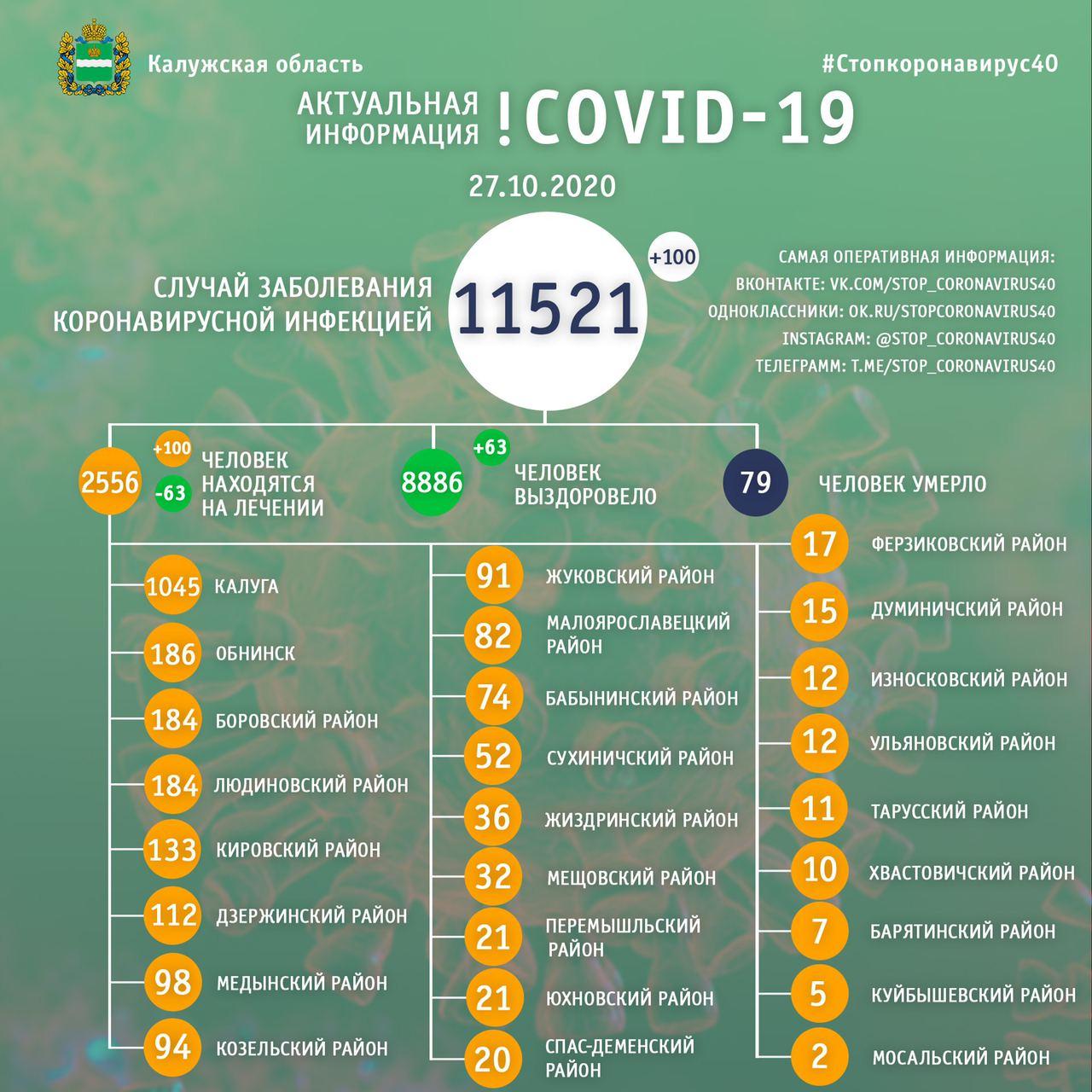 Официальные данные по коронавирусу в Калужской области на 27 октября 2020 года.
