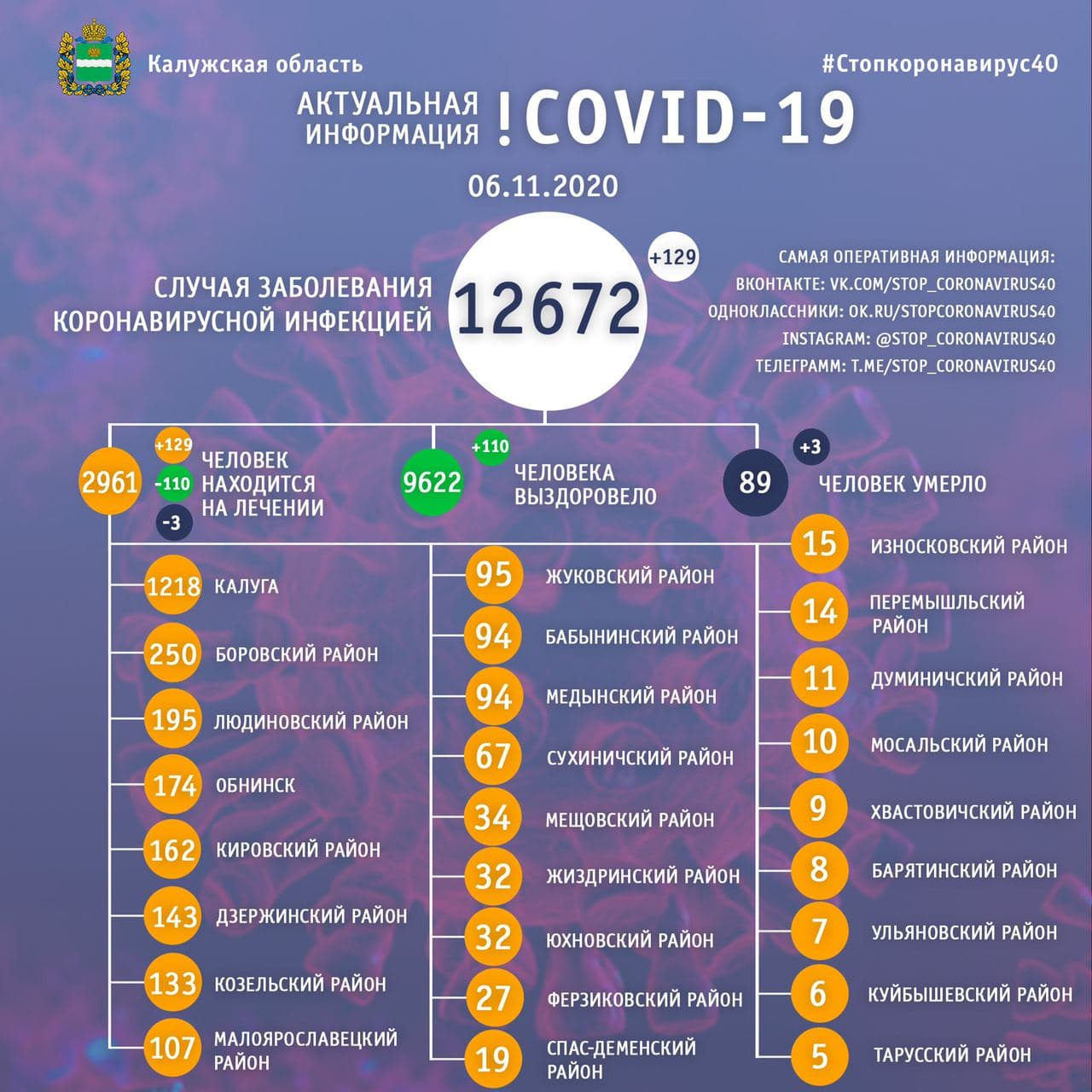 Официальные данные по коронавирусу в Калужской области на 6 ноября 2020 года.