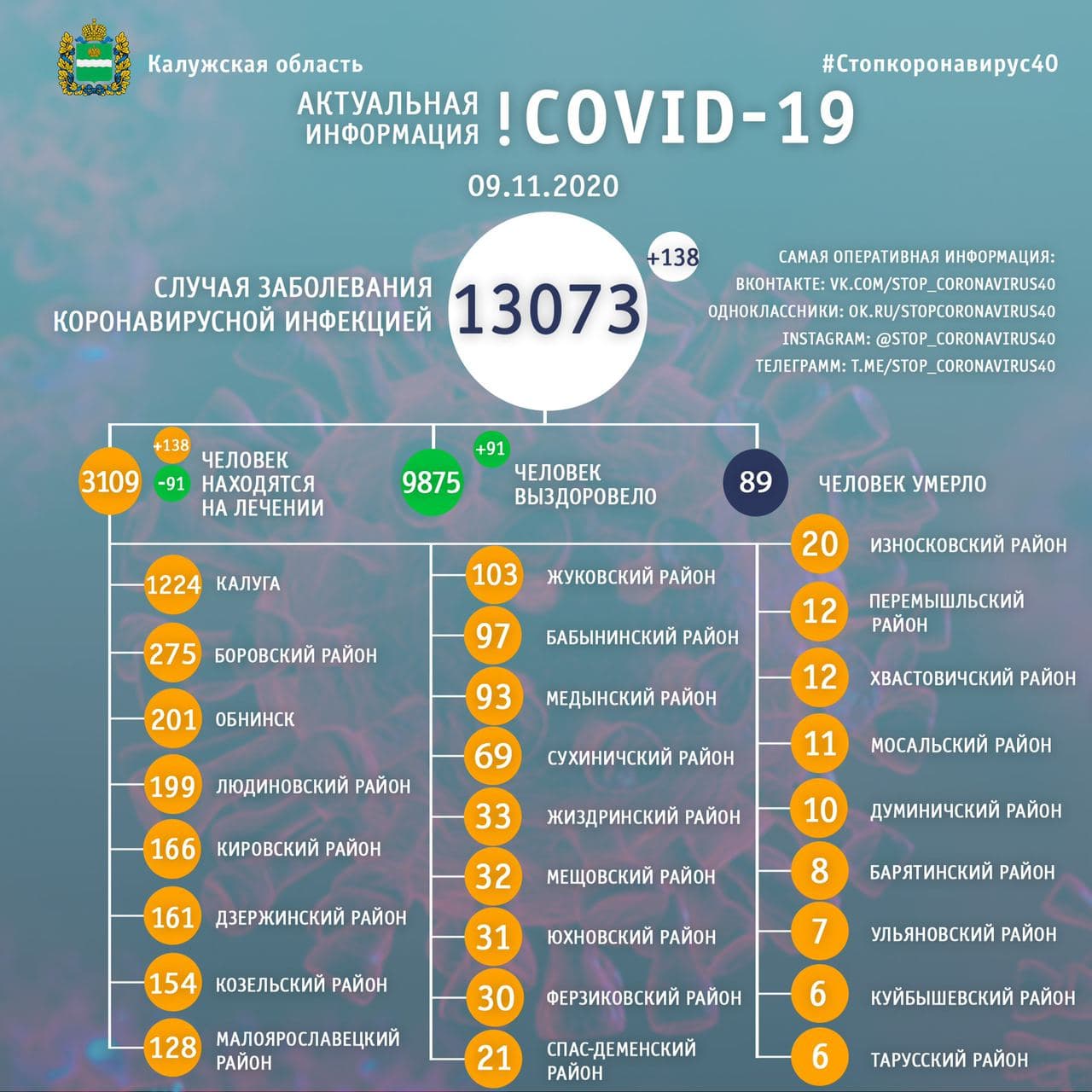Официальная статистика по коронавирусу в Калужской области на 9 ноября 2020 года.