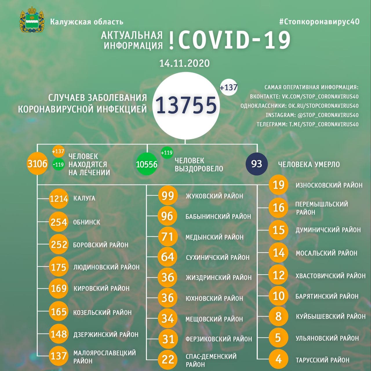 Официальная статистика по коронавирусу в Калужской области на 14 ноября 2020 года.