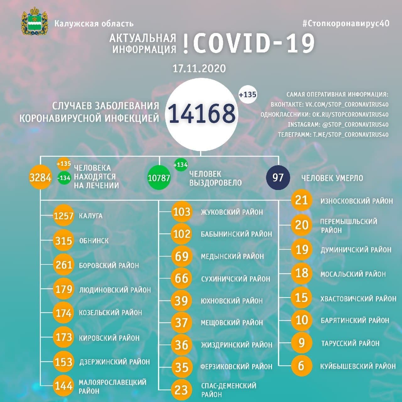 Официальная статистика по коронавирусу в Калужской области на 17 ноября 2020 года.
