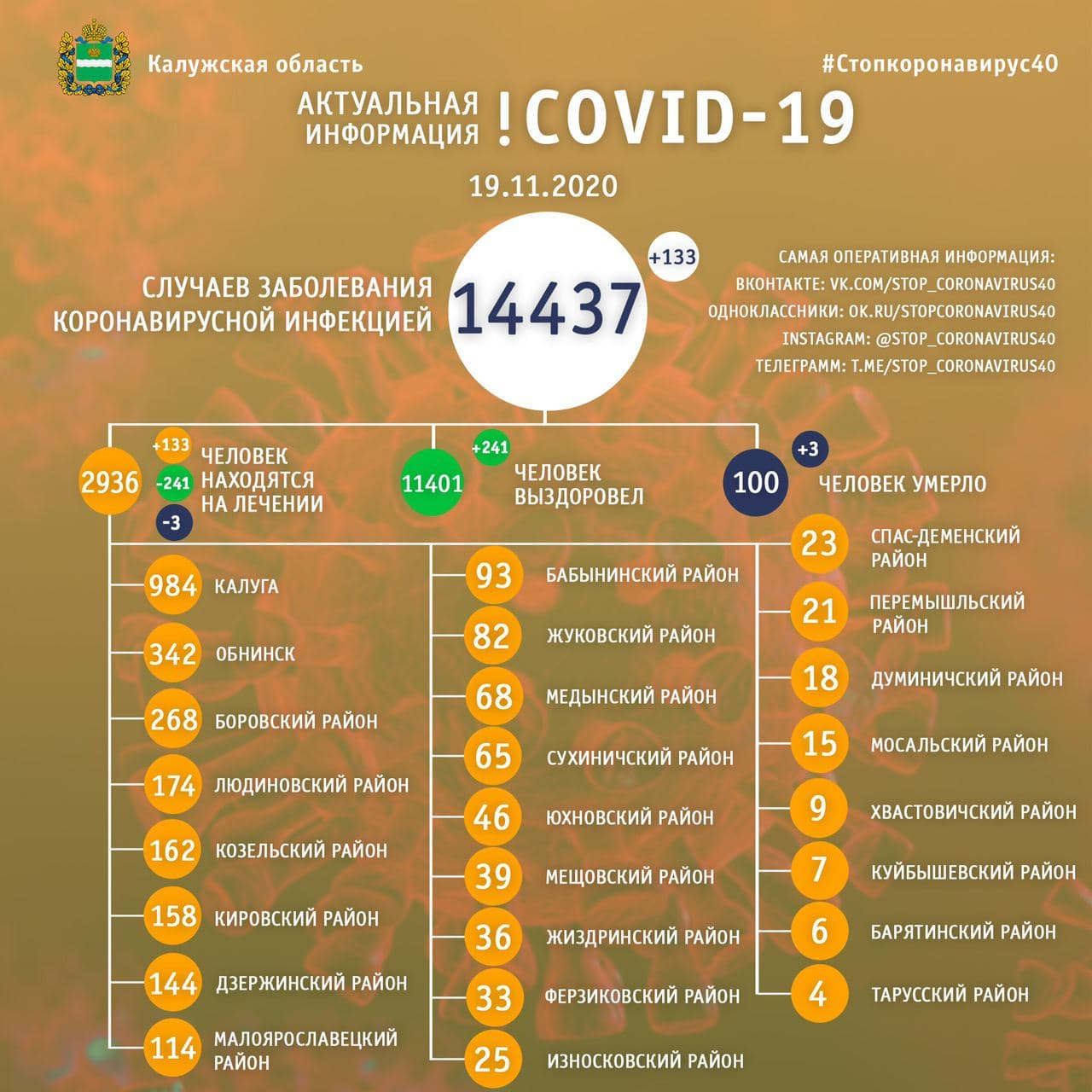 Официальная статистика по коронавирусу в Калужской области на 19 ноября 2020 года.