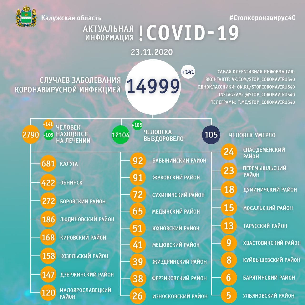 Официальная статистика по коронавирусу в Калужской области на 23 ноября 2020 года.