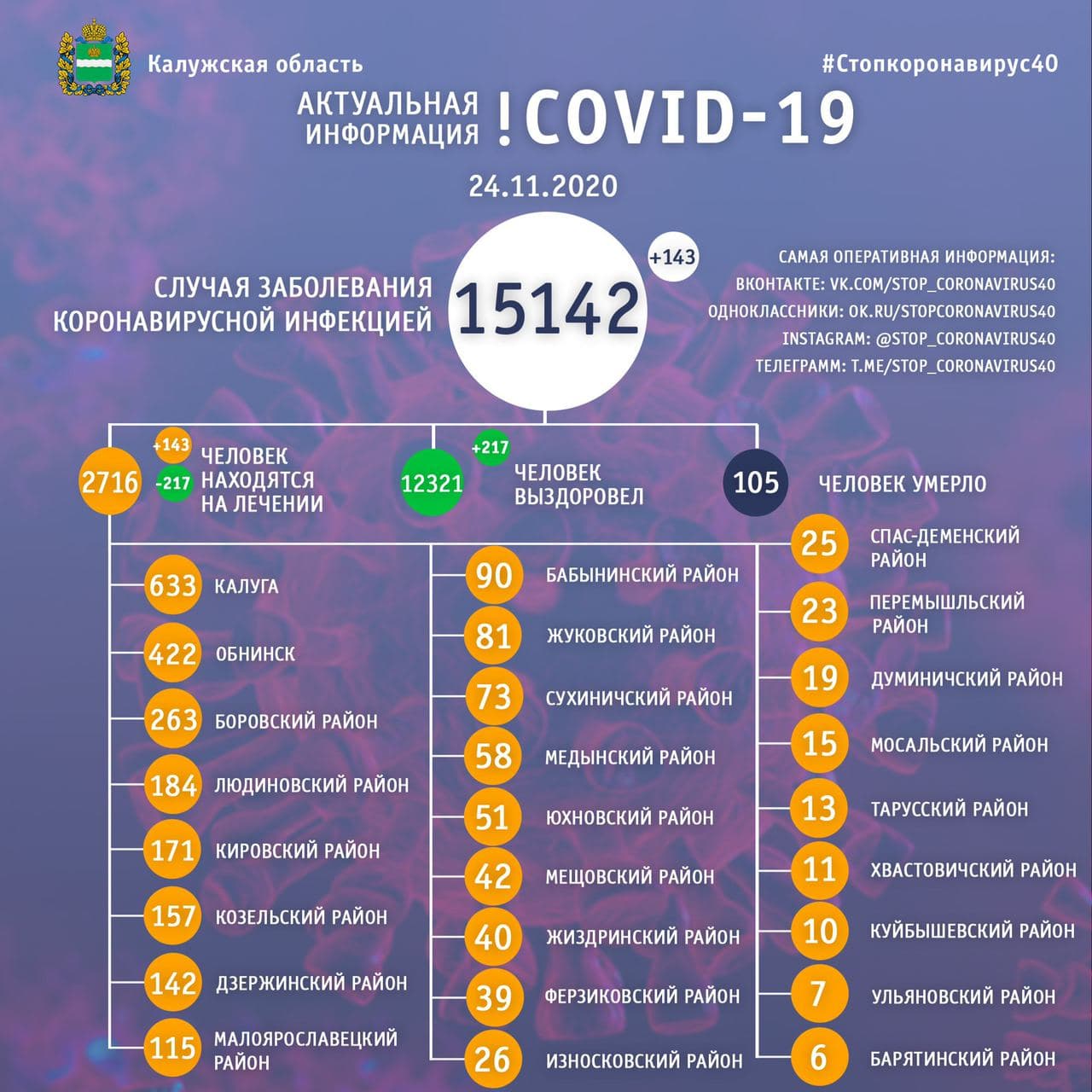 Официальная статистика по коронавирусу в Калужской области на 24 ноября 2020 года.
