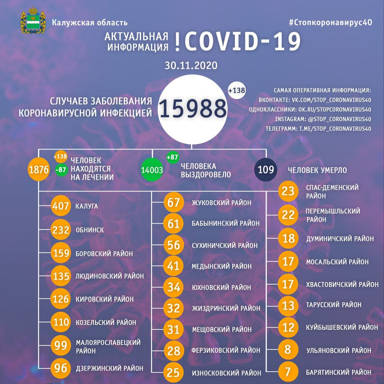 Официальная статистика по коронавирусу в Калужской области на 30 ноября 2020 года.