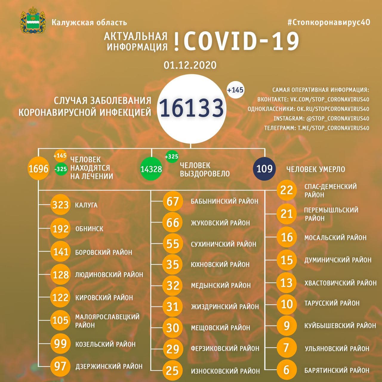 Официальная статистика по коронавирусу в Калужской области на 1 декабря 2020 года.