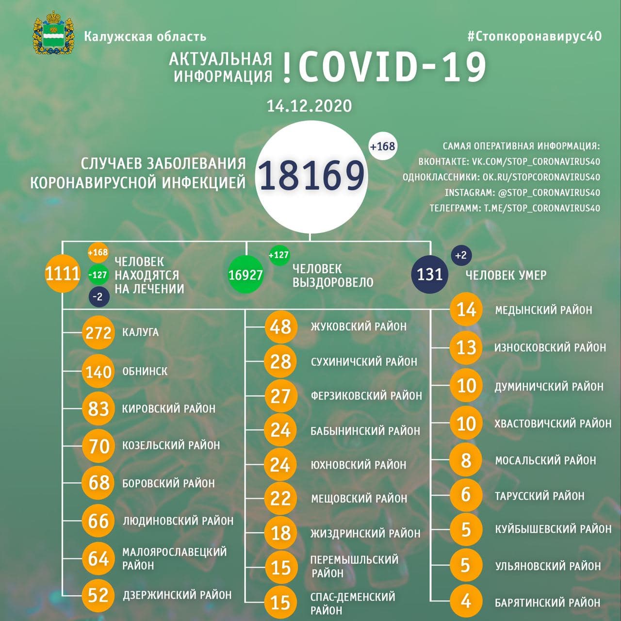 Официальная статистика по коронавирусу в Калужской области на 14 декабря 2020 года.