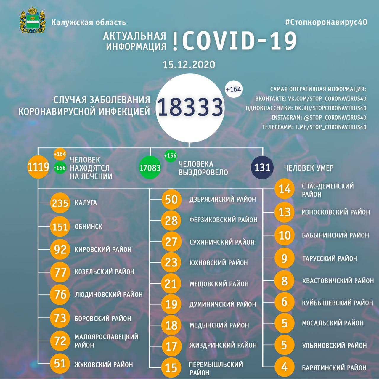 Официальная статистика по коронавирусу в Калужской области на 15 декабря 2020 года.