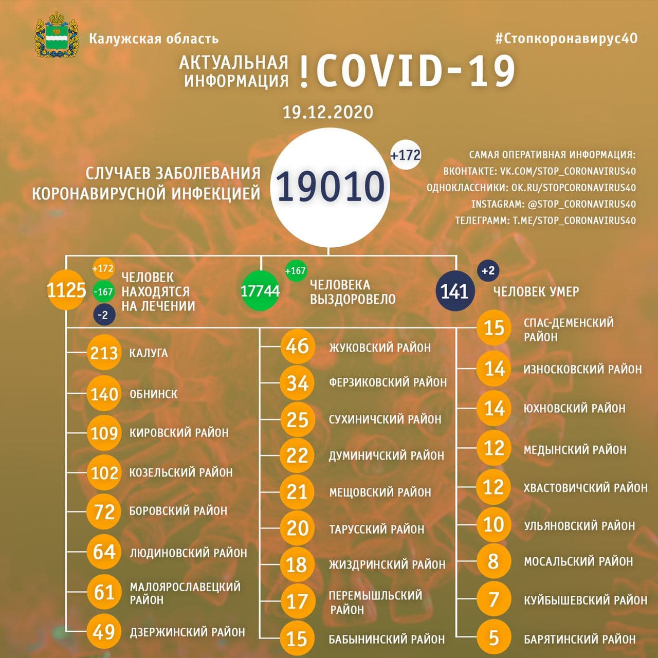 Официальная статистика по коронавирусу в Калужской области на 19 декабря 2020 года.