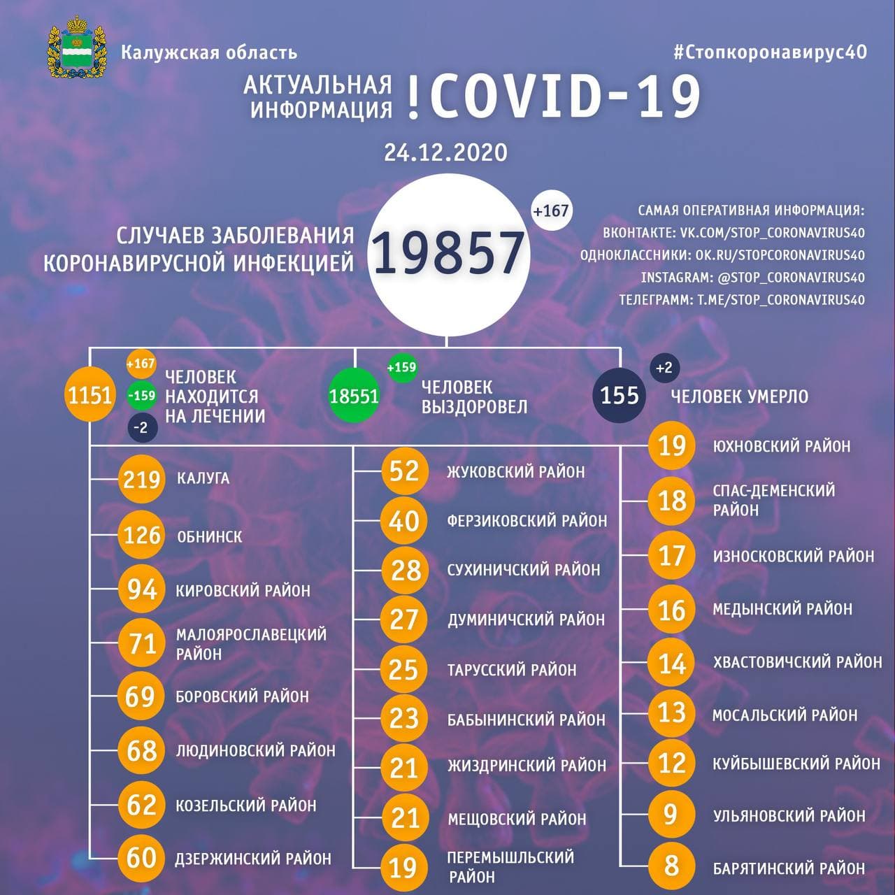 Официальная статистика по коронавирусу в Калужской области на 24 декабря 2020 года.