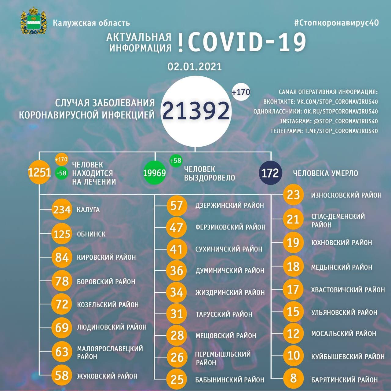 Официальная статистика по коронавирусу в Калужской области на 2 янвваря 2021 года.