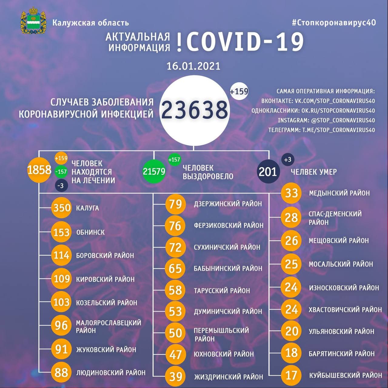 Официальная статистика по коронавирусу в Калужской области на 16 января 2021 года.