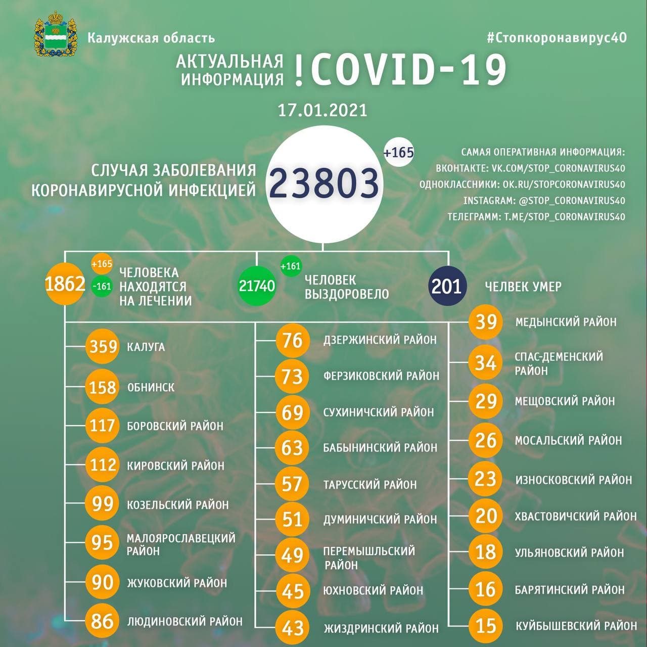 Официальная статистика по коронавирусу в Калужской области на 17 января 2021 года.