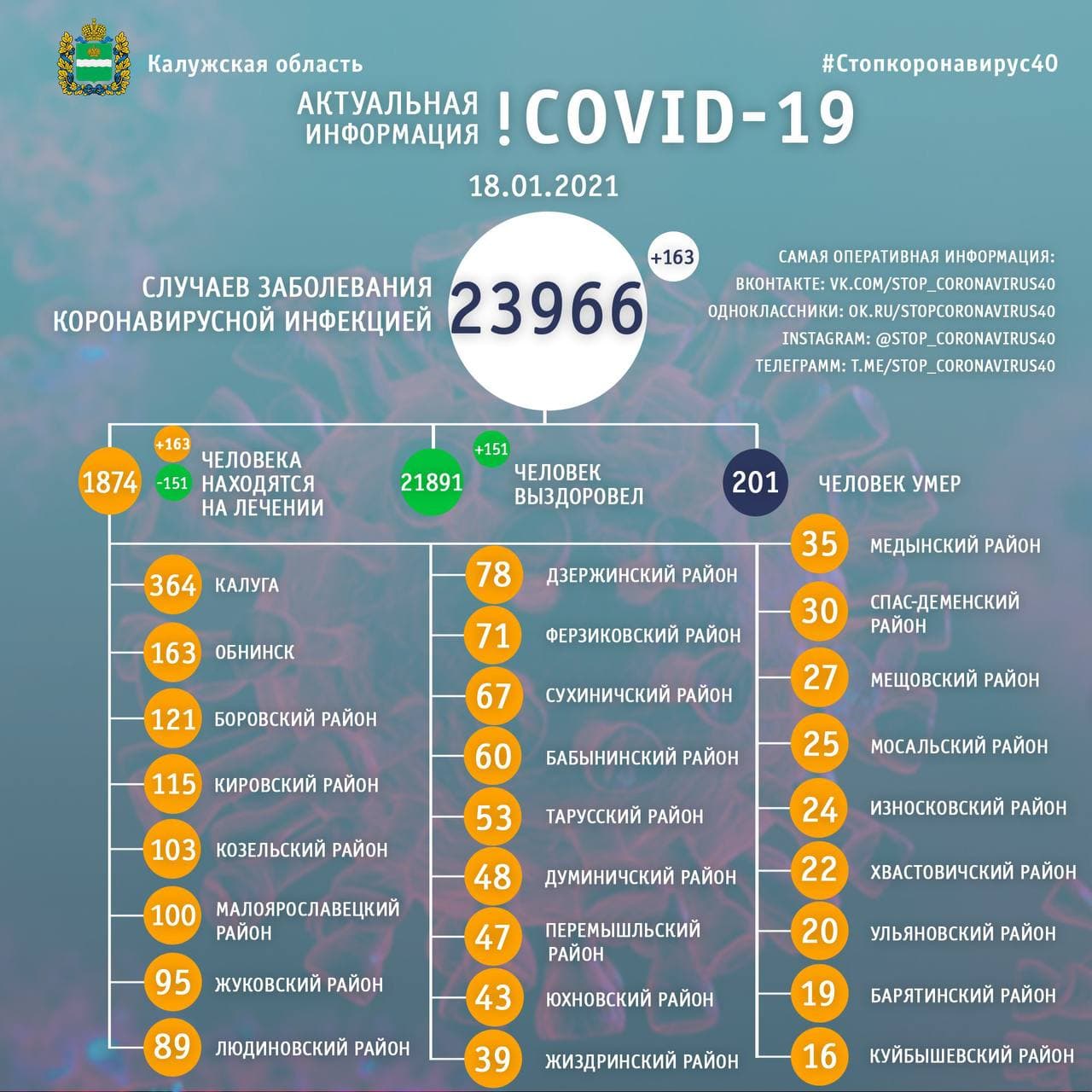 Официальная статистика по коронавирусу в Калужской области на 18 января 2021 года.