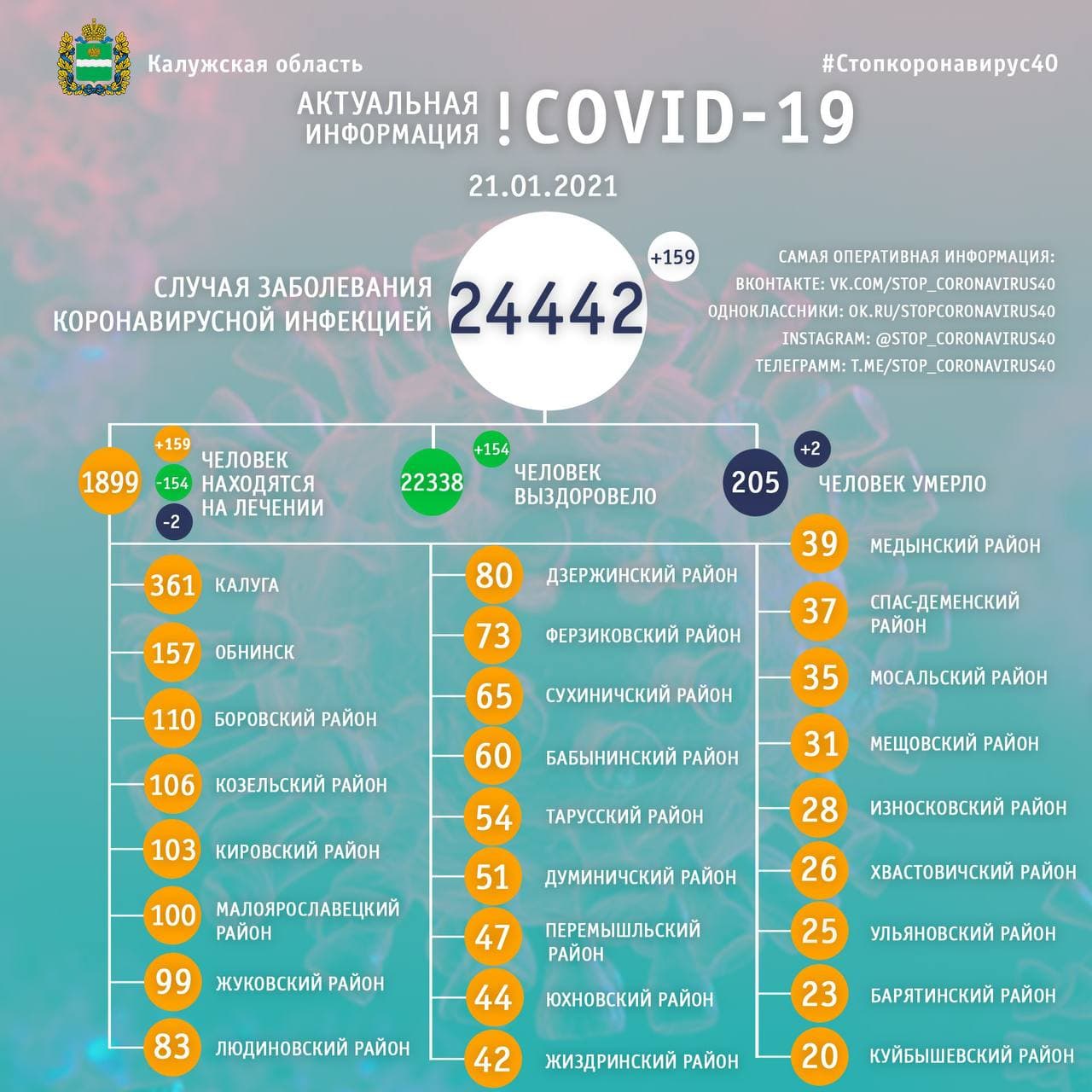 Официальная статистика по коронавирусу в Калужской области на 21 января 2021 года.