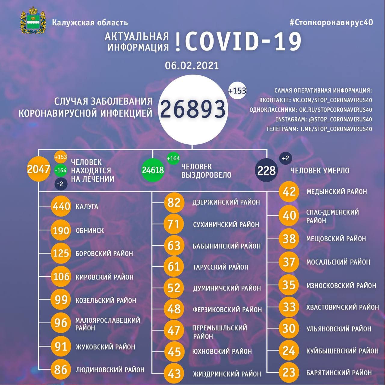 Официальные данные по коронавирусу в Калужской области на 6 февраля 2021 года.