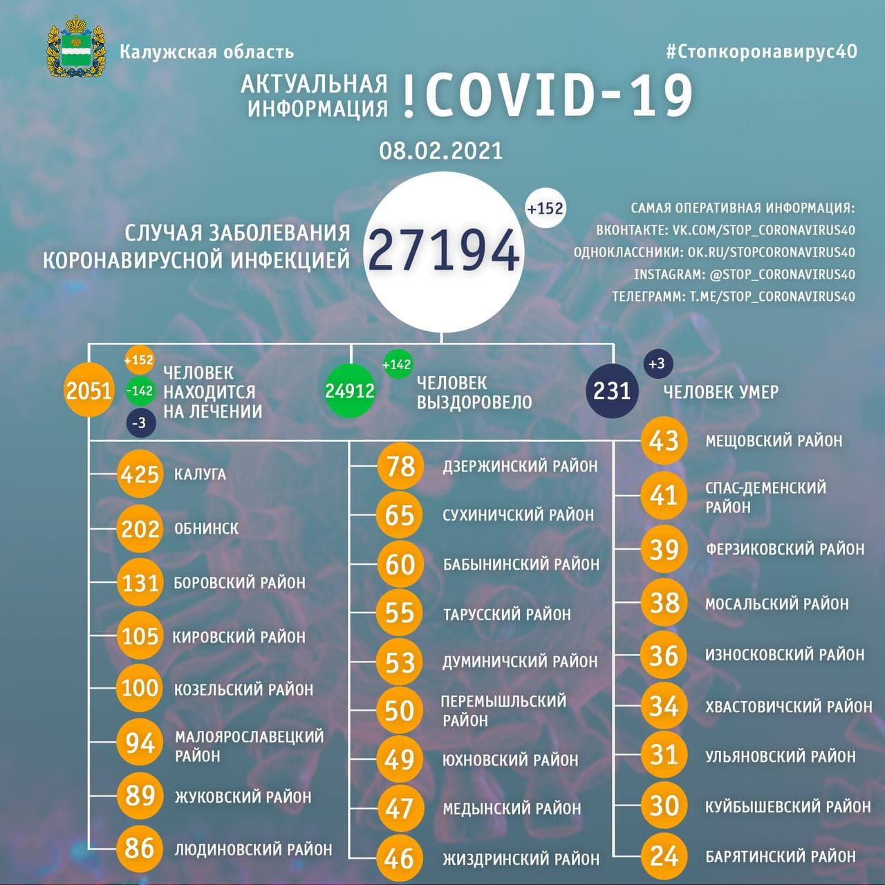 Официальные данные по коронавирусу в Калужской области на 8 февраля 2021 года.